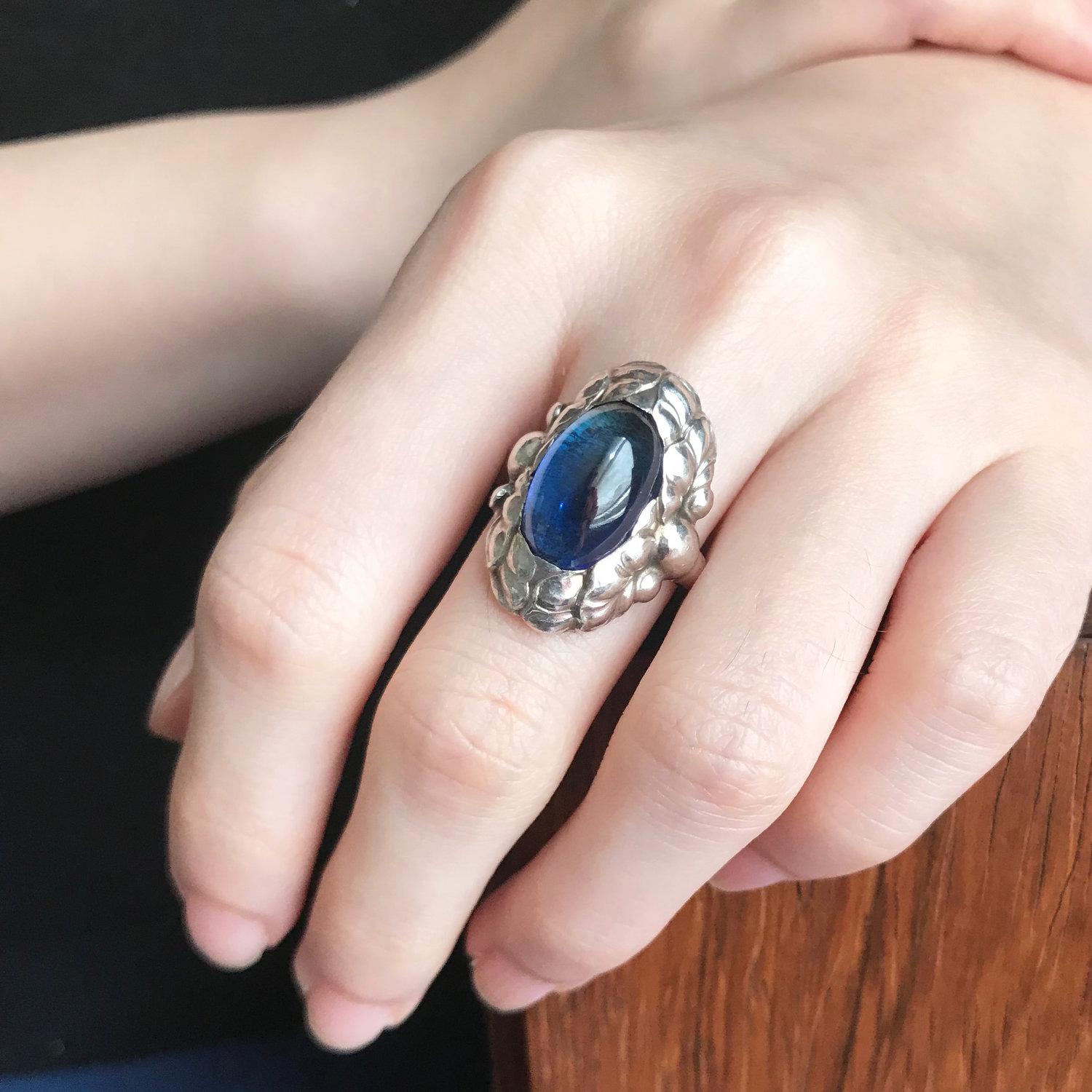Georg Jensen Sterling Silver Ring No. 11 with Synthetic Sapphire(Size 6.75 ) In Excellent Condition For Sale In San Francisco, CA