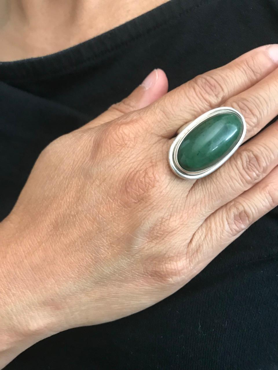Post-War Georg Jensen Sterling Silver Ring No 46E with Jade by Harald Nielsen