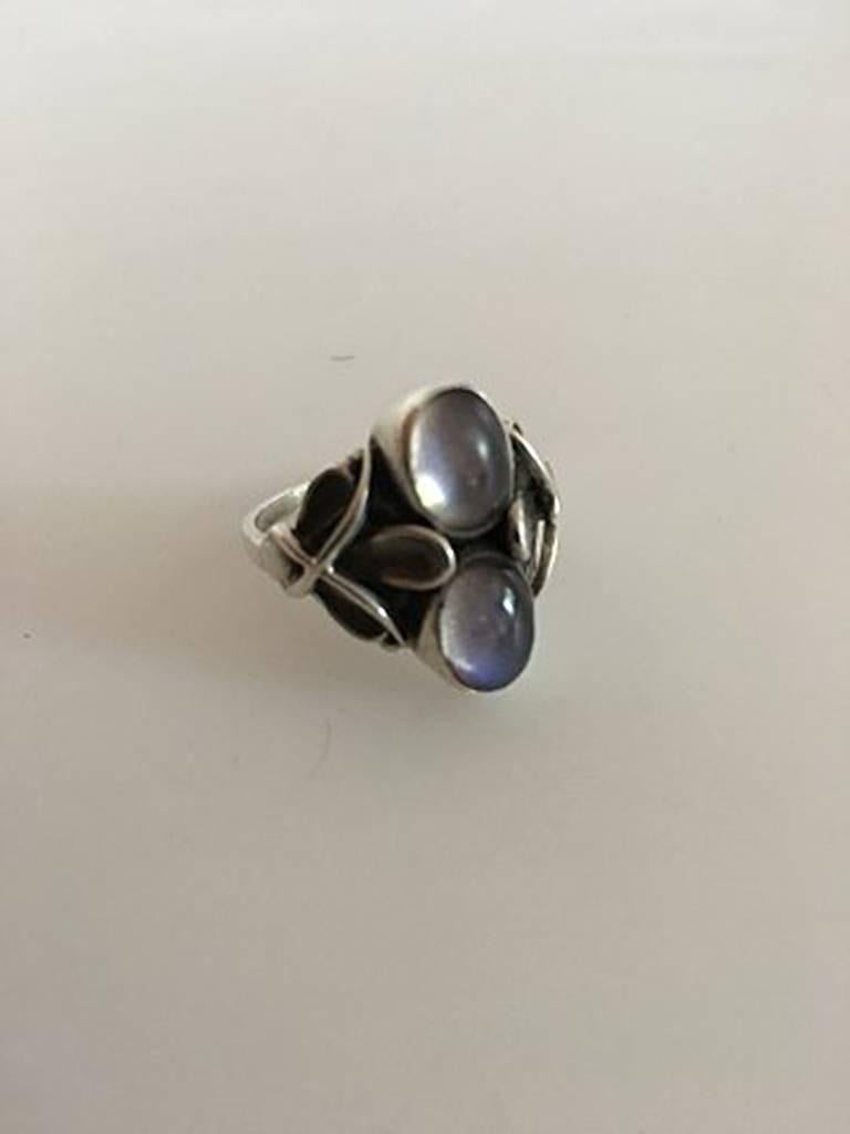 Georg Jensen Sterling Silver Ring No 48 with Moon Stones. Ring Size 58 / US 8 1/2. Manufactured after 1945. In nice condition.