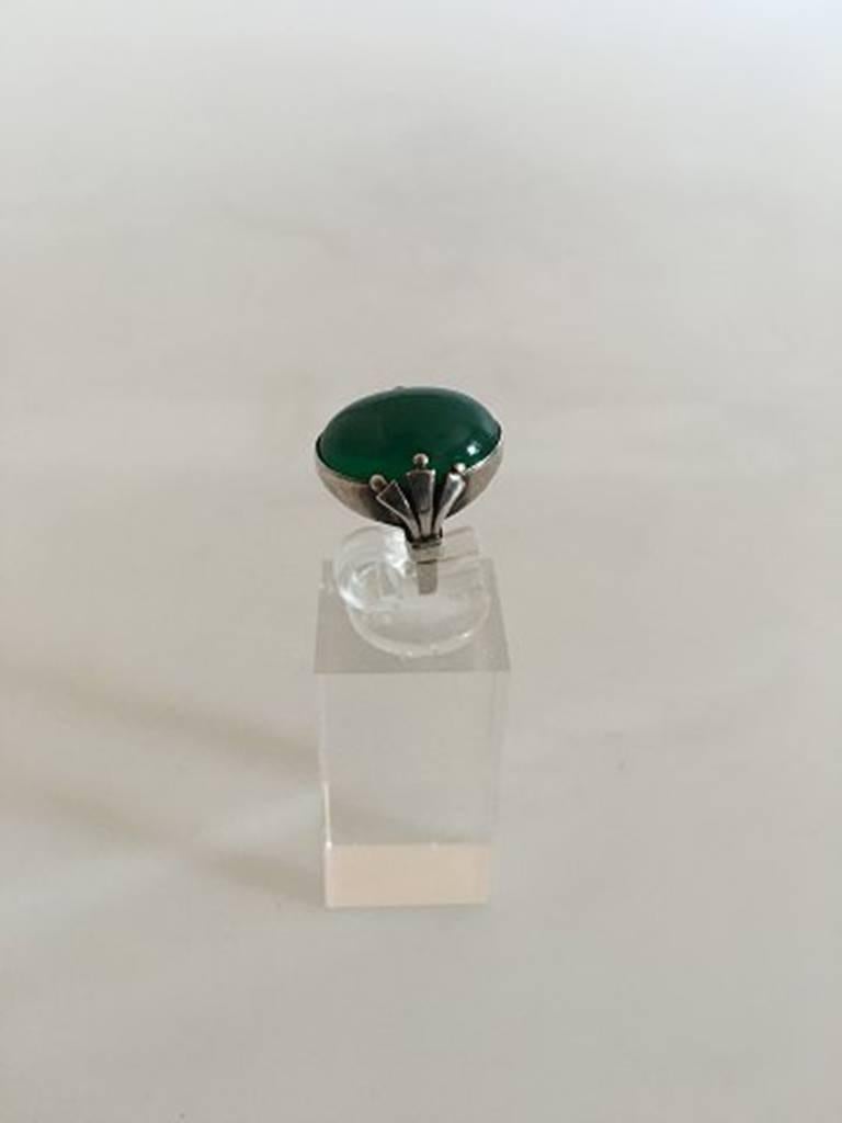 Georg Jensen Sterling Silver Ring No 51 with Green Agate. Ring Size 44 / US 3. Weighs 6 g / 0.20 oz. From after 1945.