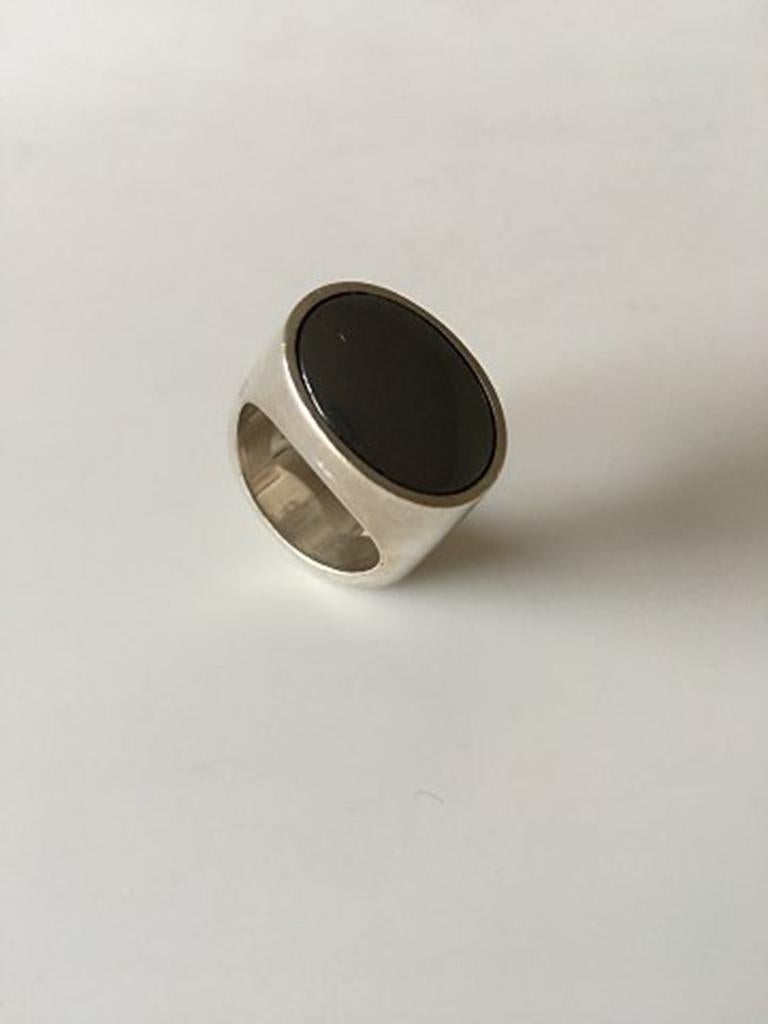 Georg Jensen Sterling Silver Ring No A 110A with Hematite. Ring Size 57 / 8 US. Weighs 15.8 g / 0.56 oz. From after 1945.