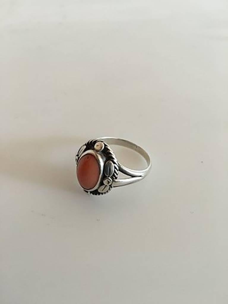 Georg Jensen Sterling Silver Ring with Peach Colored Stone No 1. Ring Size 58 / US 8 1/2. Weighs 6 g / 0.20 oz. From 1932-1945.