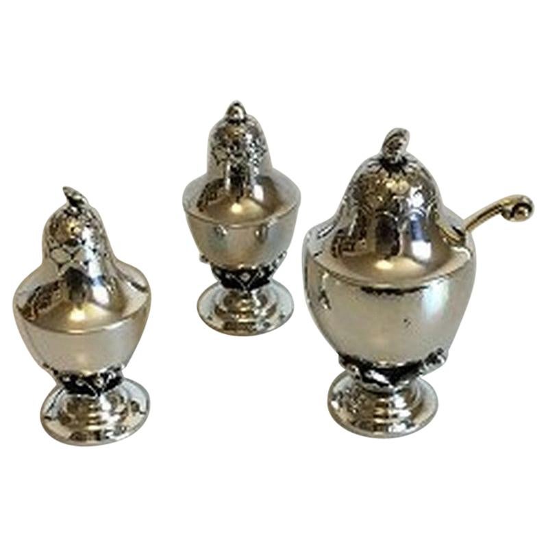 Georg Jensen Sterling Silver Salt and Pepper Shakers and Mustard Jar For Sale