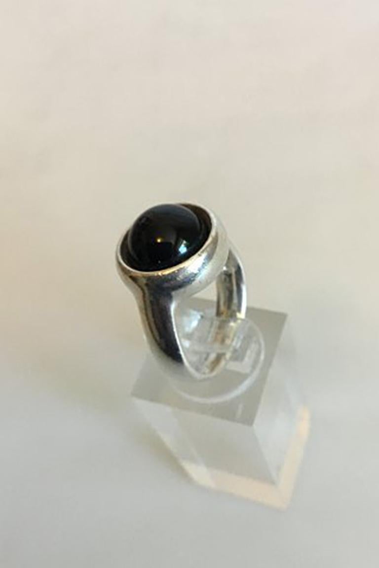 Georg Jensen Sterling Silver Sphere Ring No 473 with Black Agate. Designed by Regitze Overgaard Ring Size 53 / US 6 1/2. Weighs 8.9 g / 0.31 oz.