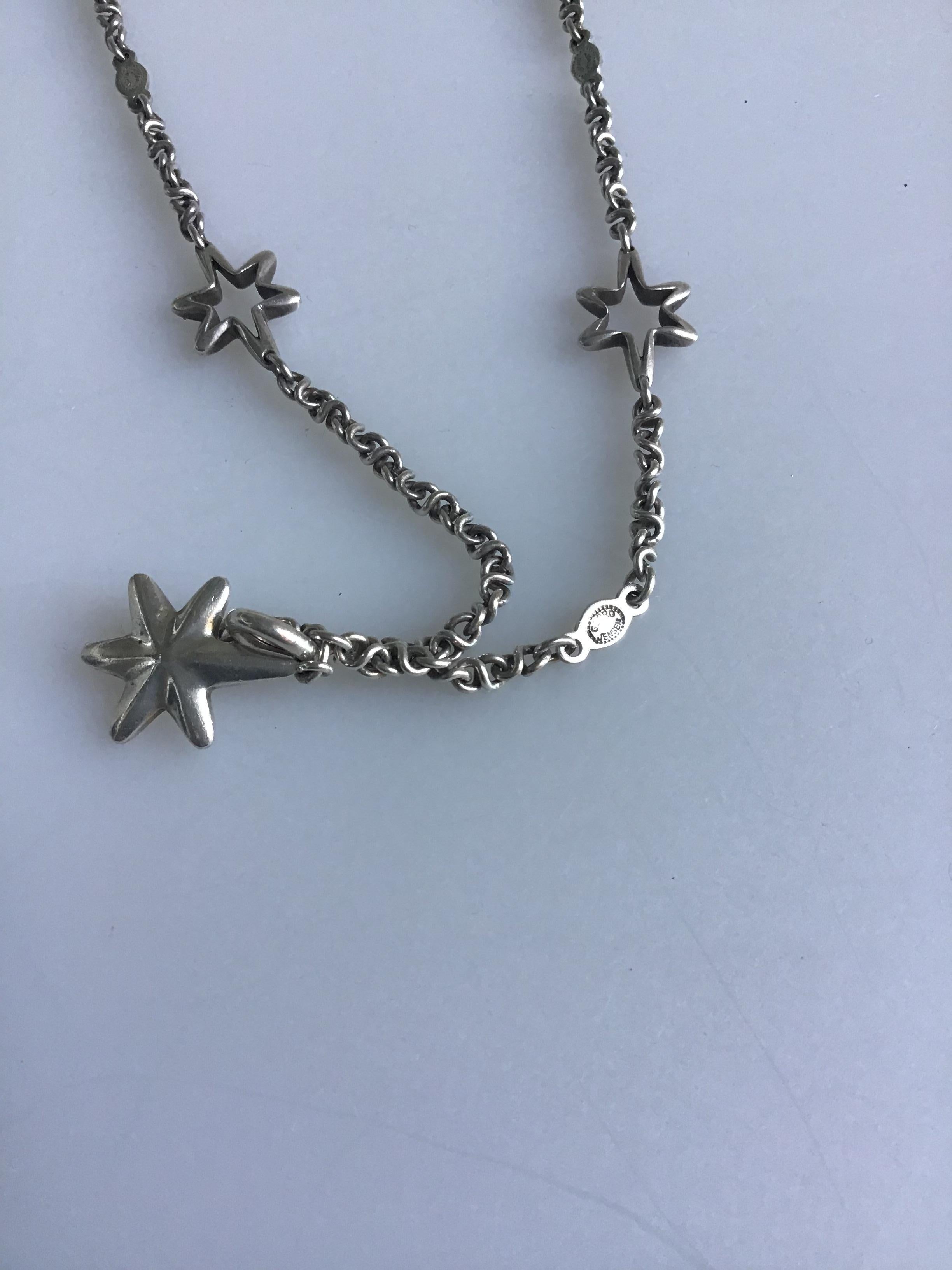 Georg Jensen Sterling Silver Star Necklace 88 cm L (34 41/64 in.). Variable length, where a section of the necklace can serve a pendant/enhancement. (9+1stars) Total length 89.5 cm / 35,2 inches. Weighs 45.6 g / 1.60 oz.
