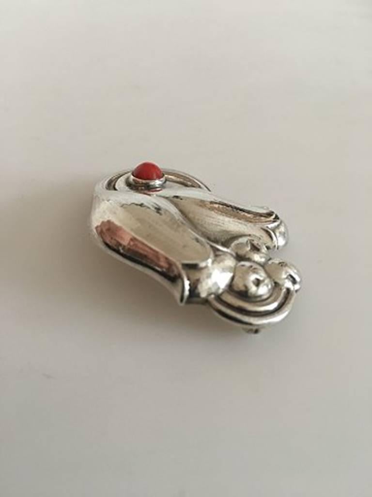 Georg Jensen Sterling Silver Tulip Brooch #100B with Coral. Measures 4.5 cm L (1 49/64 in.). Weighs 9 grams (0.35 oz). From after 1945.