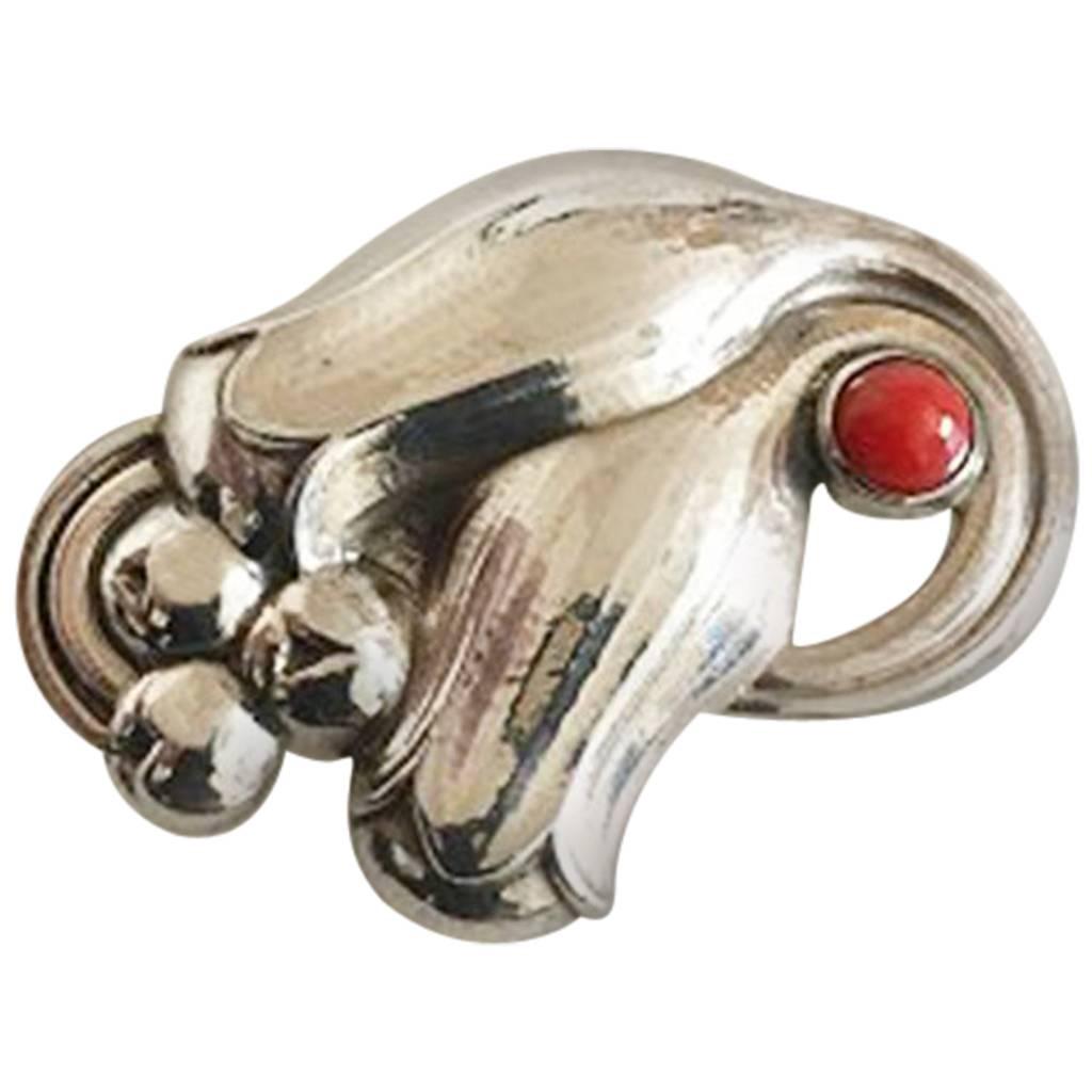 Georg Jensen Sterling Silver Tulip Brooch #100B with Coral For Sale