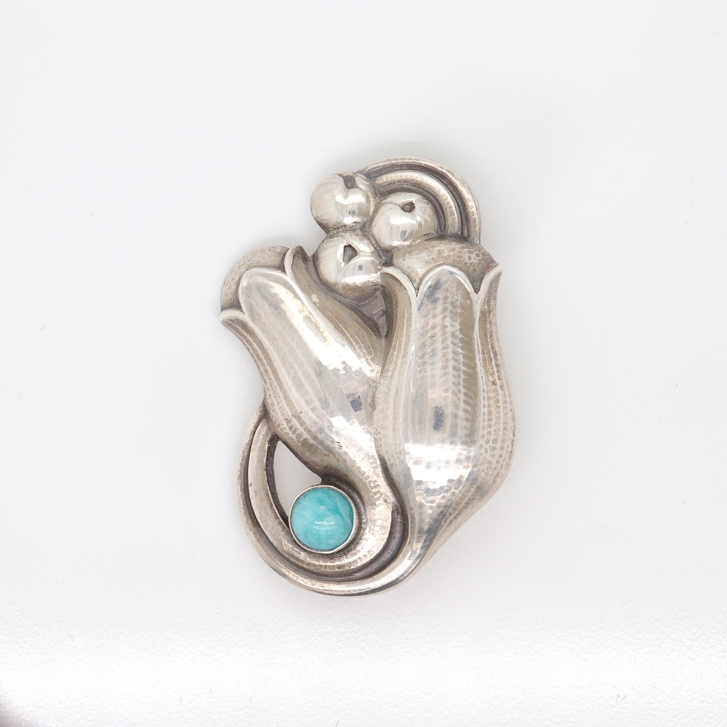 Georg Jensen Sterling Silver Tulip Brooch No.100b with Amazonite Cabochon For Sale 5
