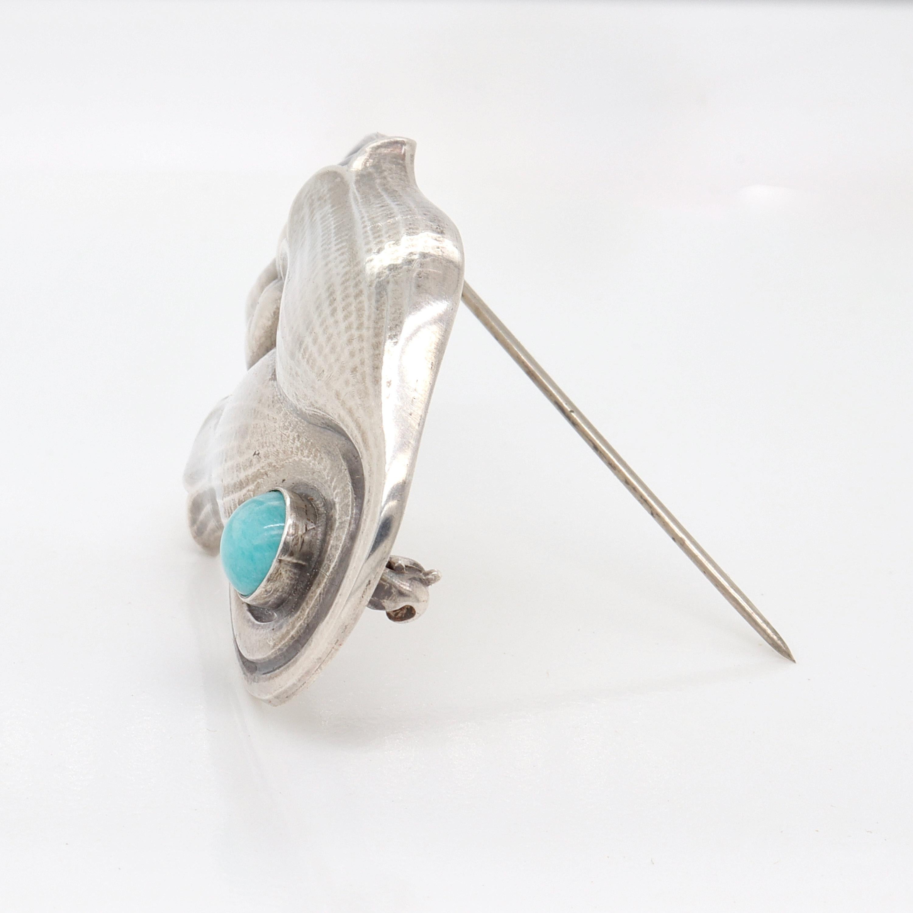 Georg Jensen Sterling Silver Tulip Brooch No.100b with Amazonite Cabochon In Good Condition For Sale In Philadelphia, PA