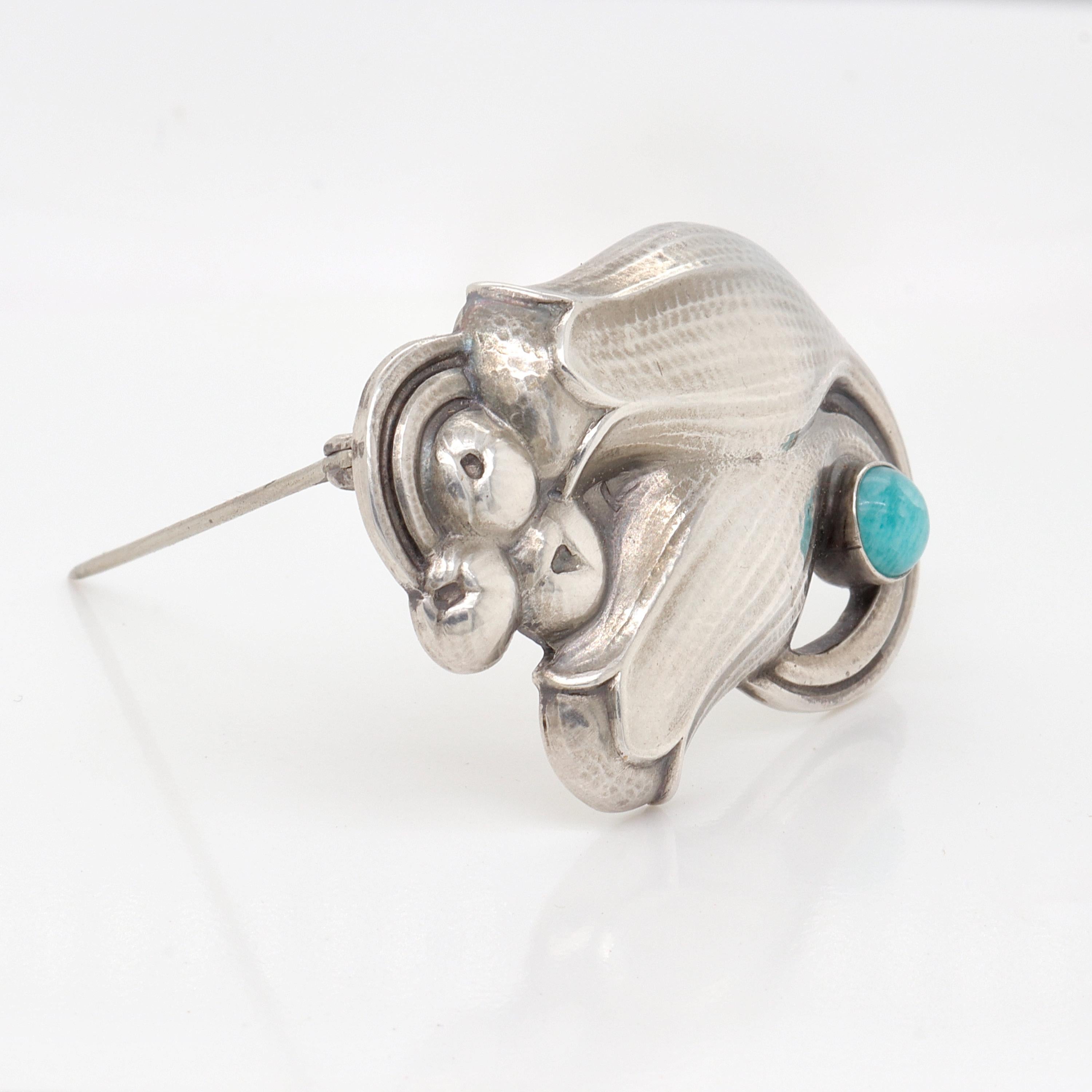 Georg Jensen Broche tulipán nº 100b de plata de ley con cabujón de amazonita en venta 2