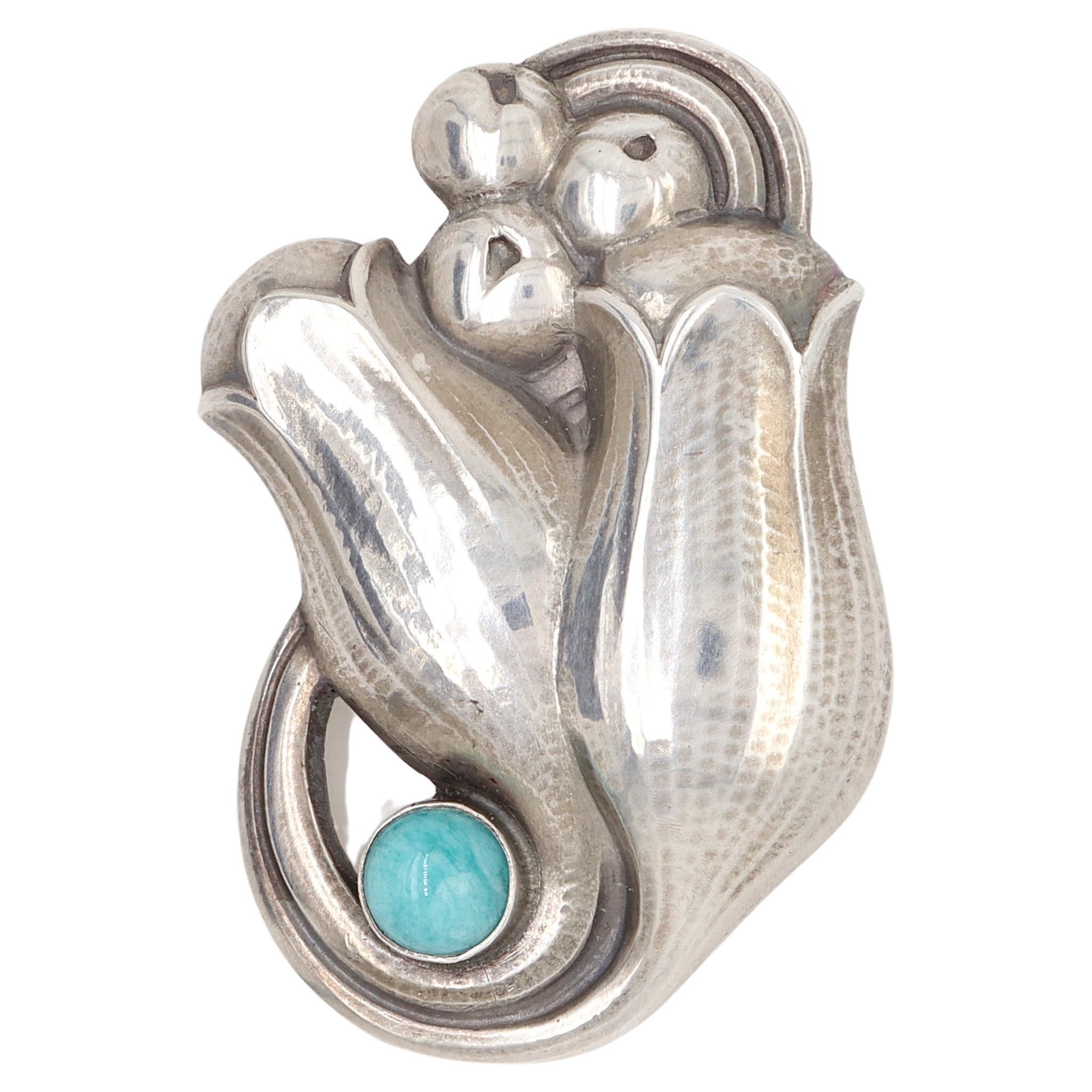 Tulpenbrosche Nr.100b aus Sterlingsilber mit Amazonit-Cabochon von Georg Jensen