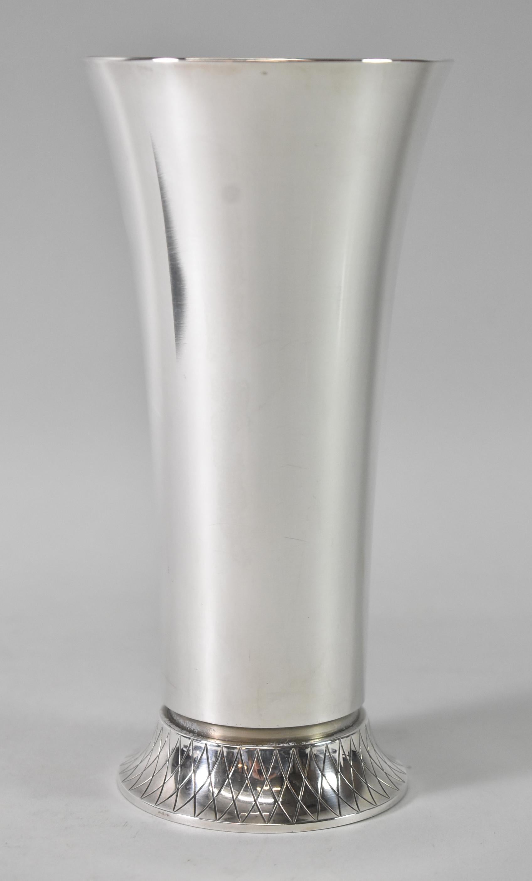 Beautiful sterling silver flare top vase no. 819C by Sigvard Bernadotte for Georg Jensen. Prince Sigvard of Sweden designed for Jensen from the late 1930's to mid-1940's. Hallmarks for Georg Jensen and Sigvard on the bottom. 7