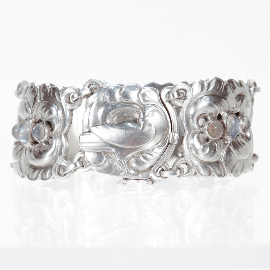 Women's or Men's Georg Jensen Sterling Silver Wide Dove Bracelet No. 32 with Moonstones For Sale