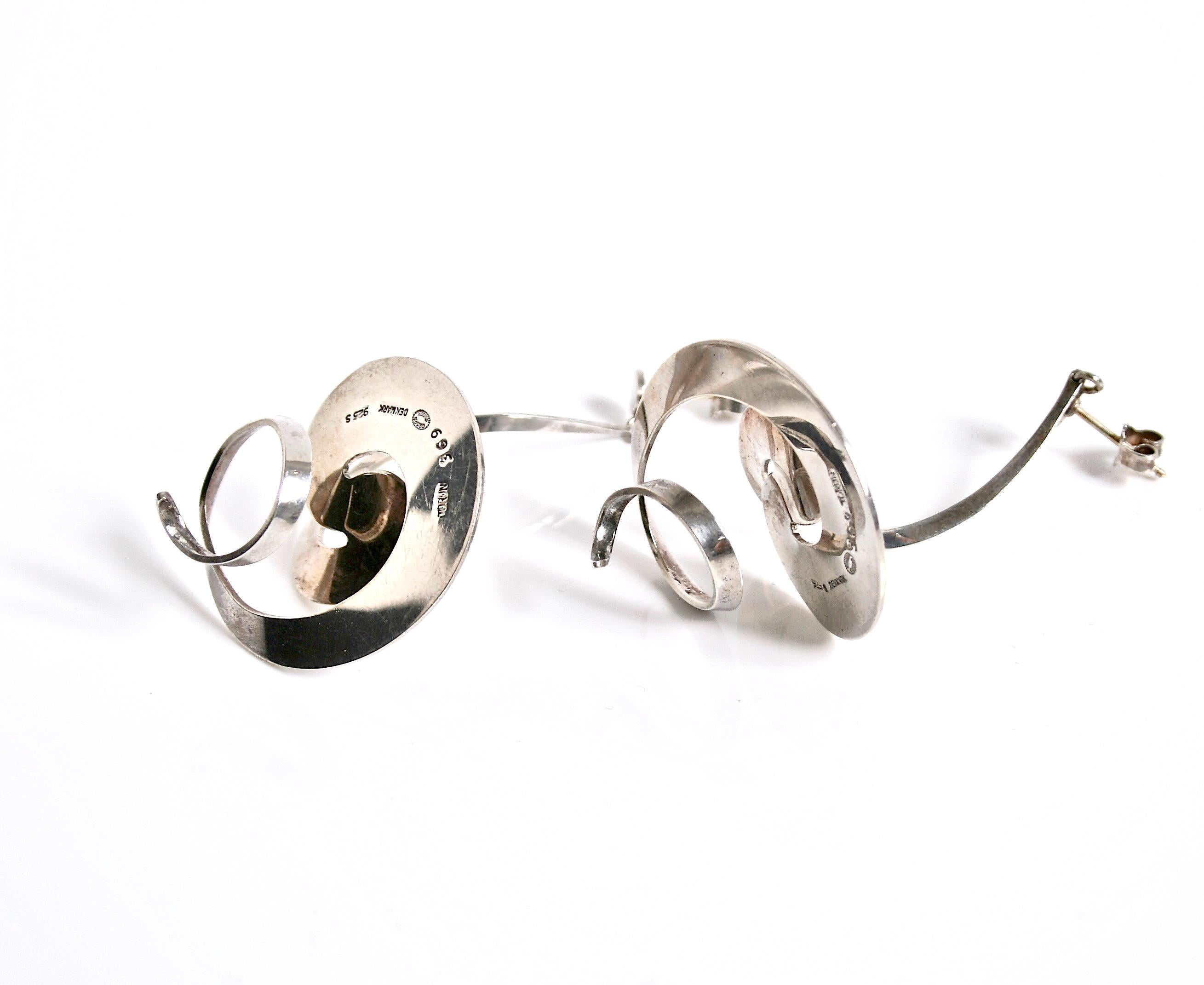 Modernist Georg Jensen Swirl Earrings designed by Vivianna Torun Bulow-Hube Denmark For Sale