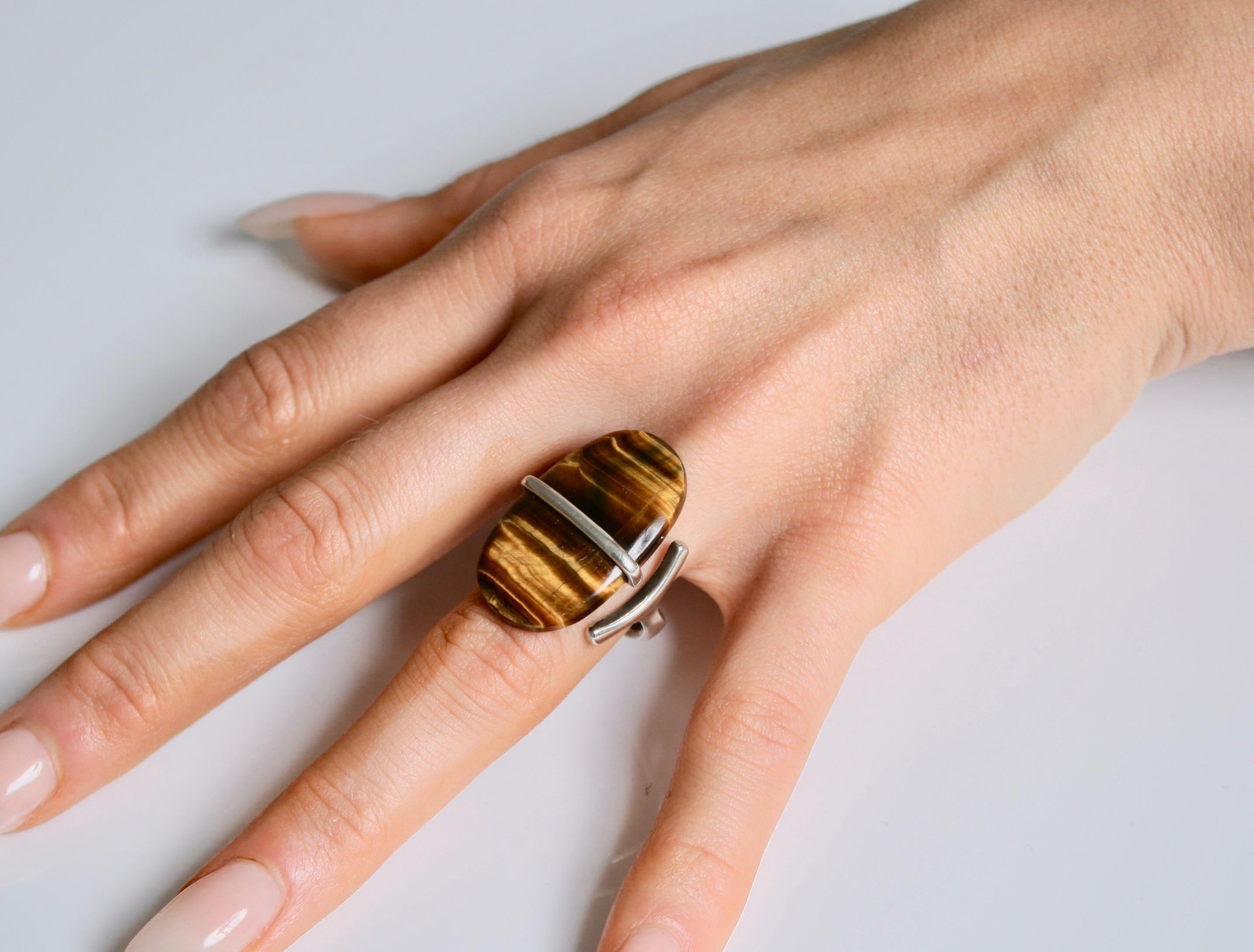 Modernist Georg Jensen Tiger Eye Ring Designed by Vivianna Torun Bulow-Hube Denmark For Sale