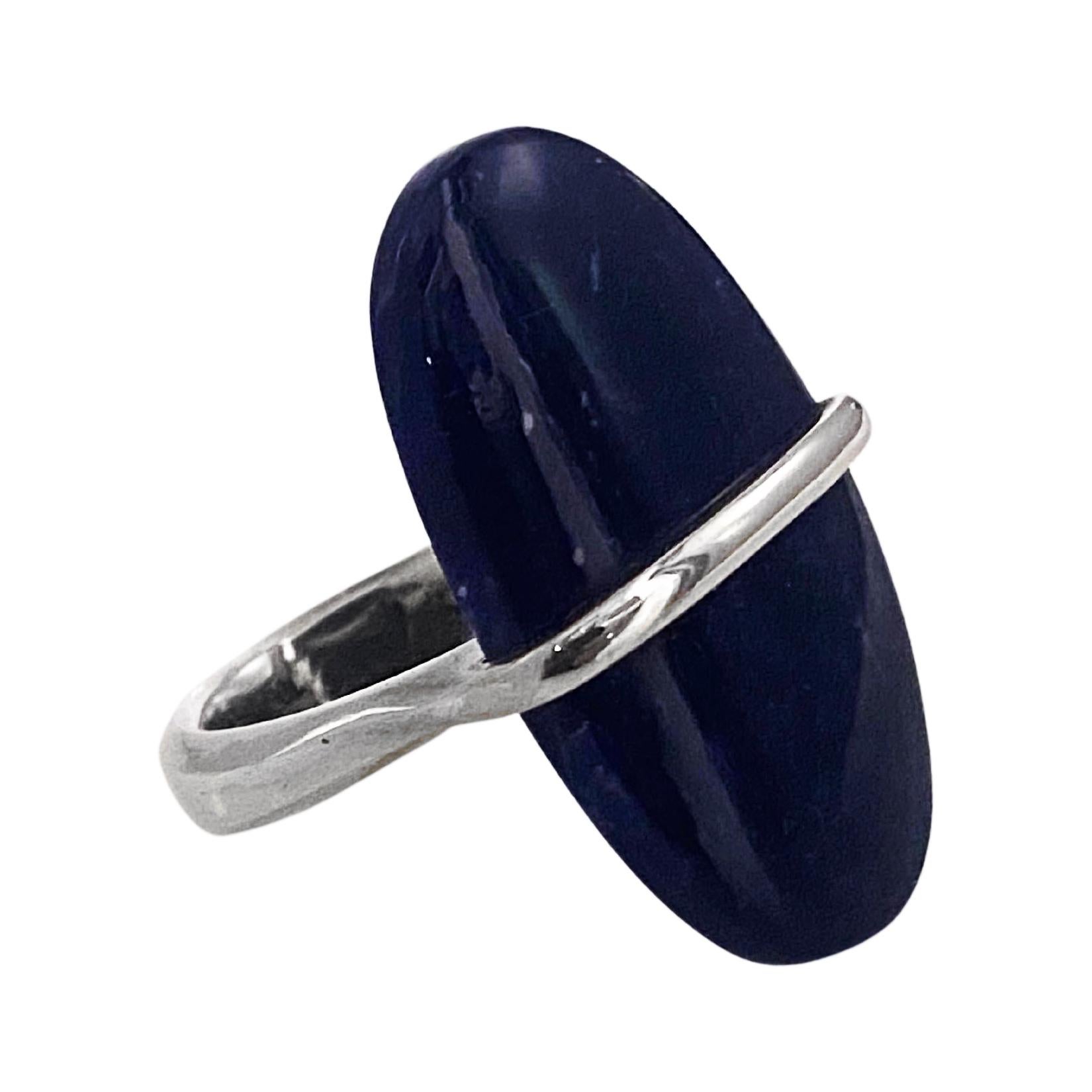 Rare Sterling Silver and Sodalite ring designed by Vivianna Torun Bulow-Hube for Georg Jensen Denmark C.1970. Stamped 925S Georg Jensen in oval dotted punch and Torun design number 190. Ring Size:8. Item Weight: 8.46 grams. Top measures: 30.0 x 17.6