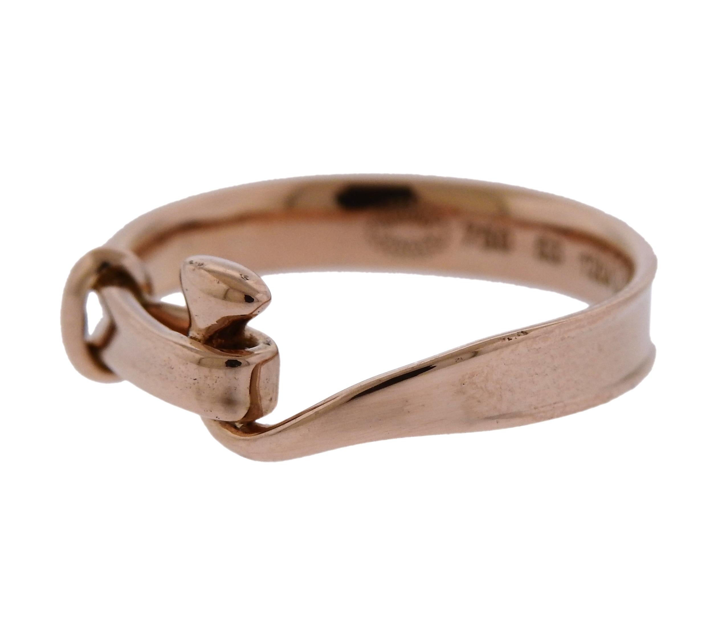 18k rose gold ring, crafted by Georg Jensen. Brand new with packaging. Ring size - 6.25, ring top is 6mm wide and weighs 3 grams. Marked 925 S, Georg Jensen 1204A 53.