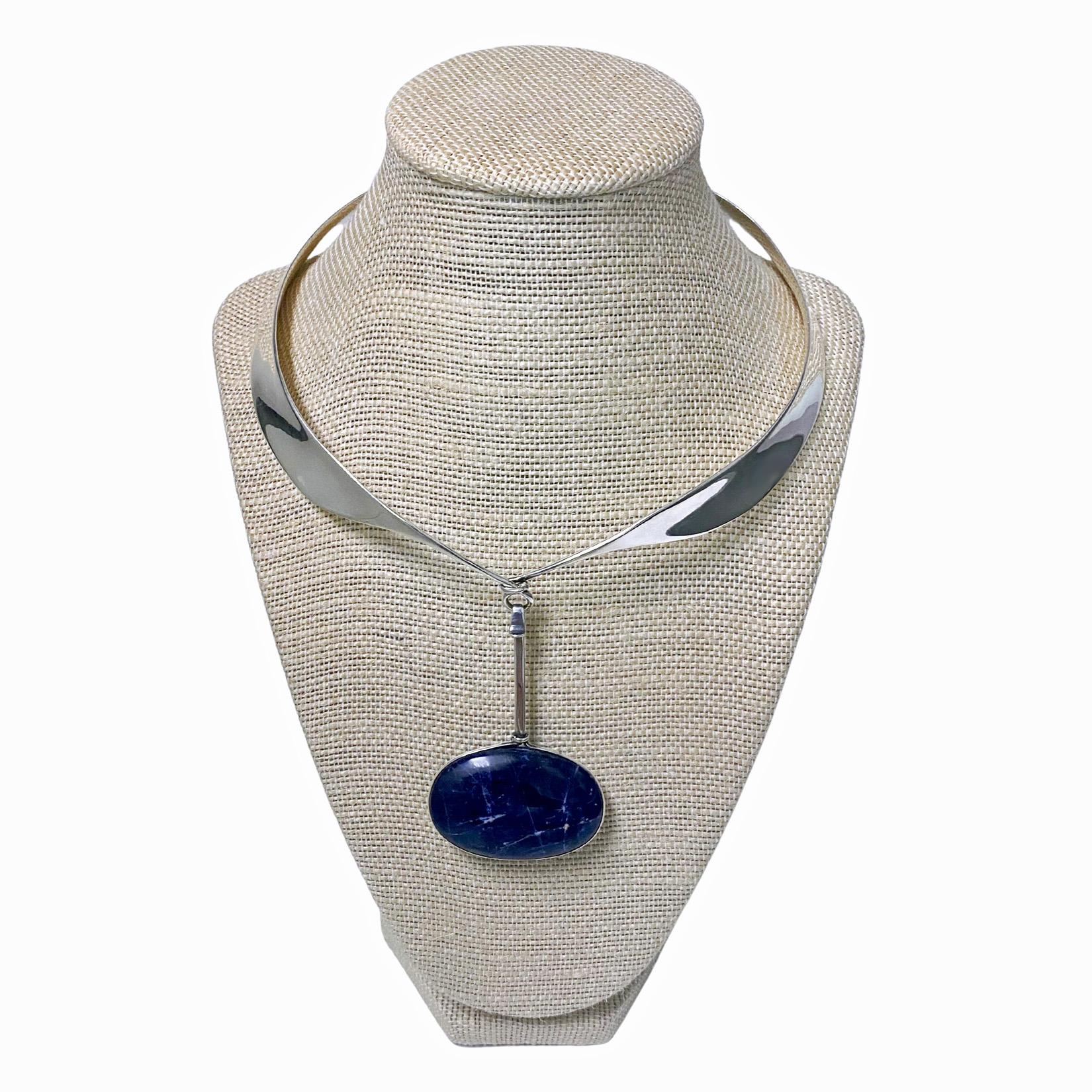 Vivianna Torun Bulow Hube for George Jensen, a rare Sterling Silver Necklace with Sodalite detachable pendant on collar, Denmark, C. 1975, stamped Georg Jensen in a dotted oval, Denmark, Torun, 133  pendant and 160 collar and 925S. Will fit up to 16