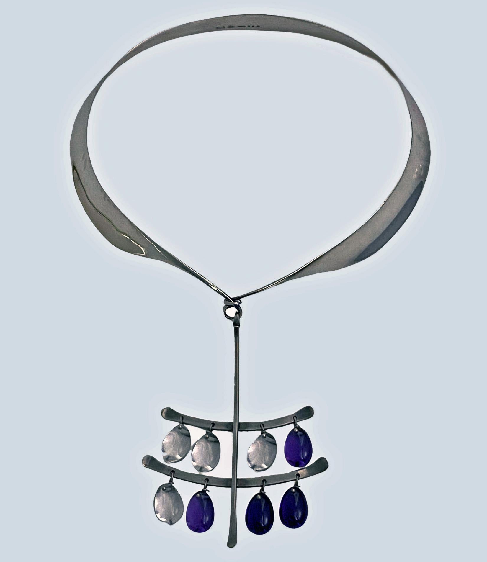 Rare Sterling Silver Necklace and double tear drop design no 135 with Amethyst and Quartz Drops Designed by Vivianna Torun Bulow-Hube for Georg Jensen C.1960, together with Necklet collar No 160. Pendant drop: 4 inches. Pendant width: 2.75 inches.