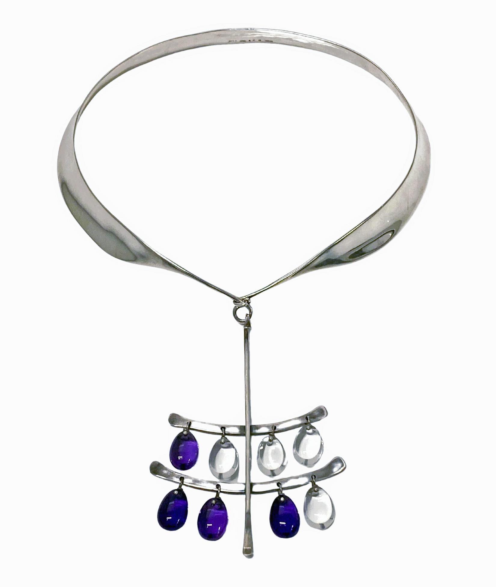 Rare Sterling Silver Necklace and double tear drop design no 135 with Amethyst and Quartz Drops Designed by Vivianna Torun Bulow-Hube for Georg Jensen C.1960, together with Necklet collar No 160. Pendant drop: 4 inches. Pendant width: 2.75 inches.