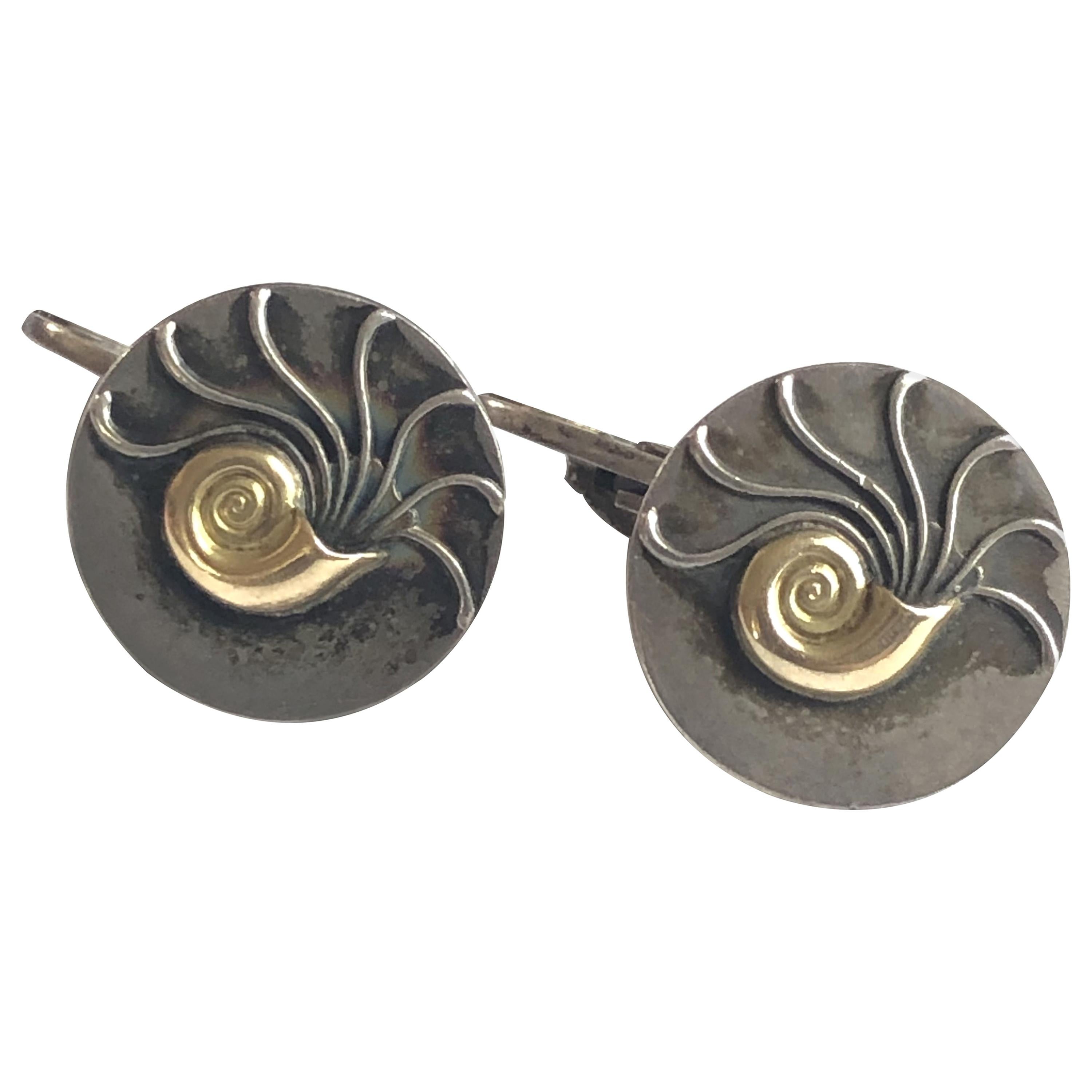 Georg Jensen Vintage #52 Sterling and Gold Nautilus Shell Cufflinks