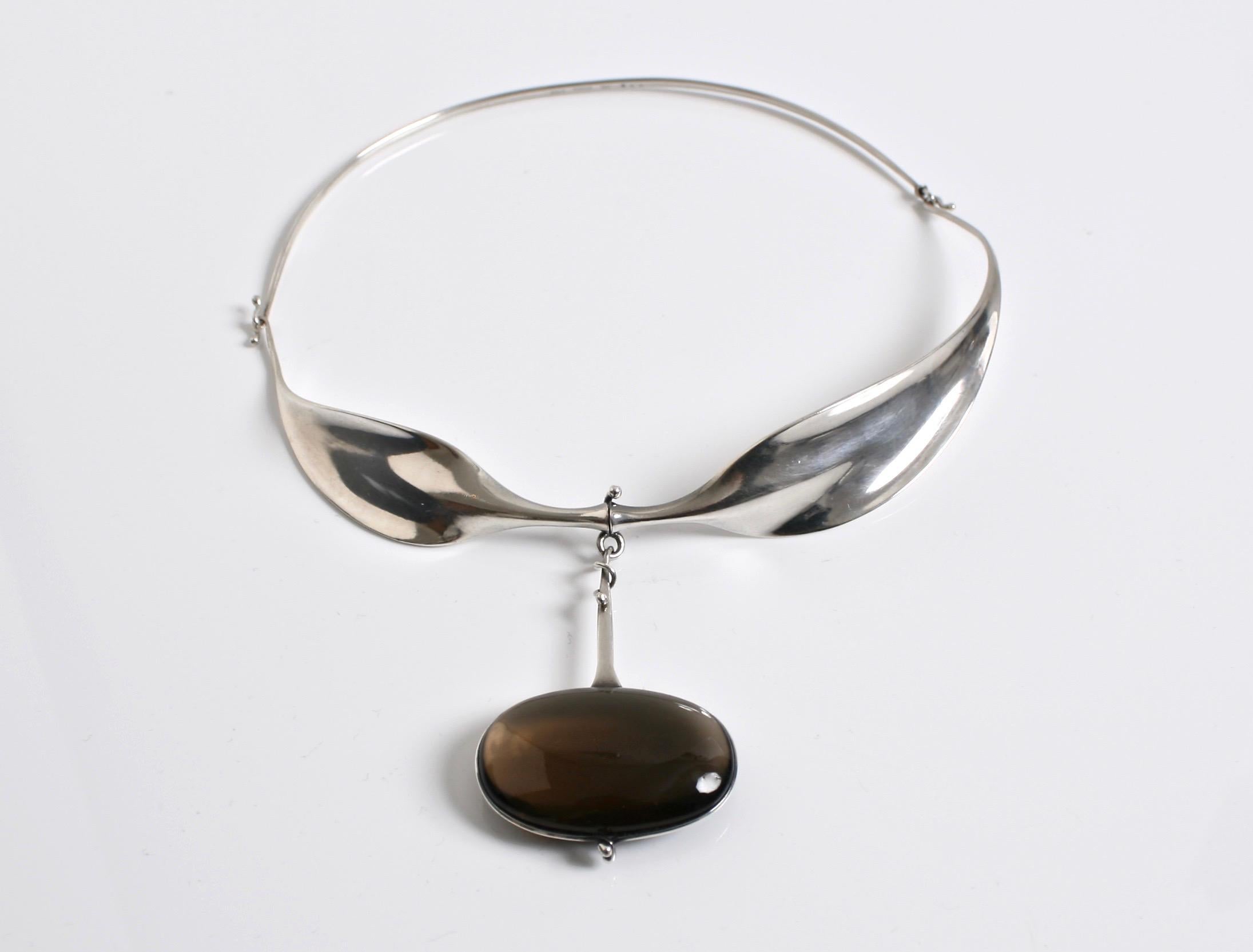 Early Vivianna Torun Bulow-Hube sterling silver & Smokey Quartz  drop & collar made by Georg Jensen Denmark c.1970 Very rare item marked Torun/Georg Jensen The drop is a spectacular oval, design number 242 hanging from a much sought after neckring