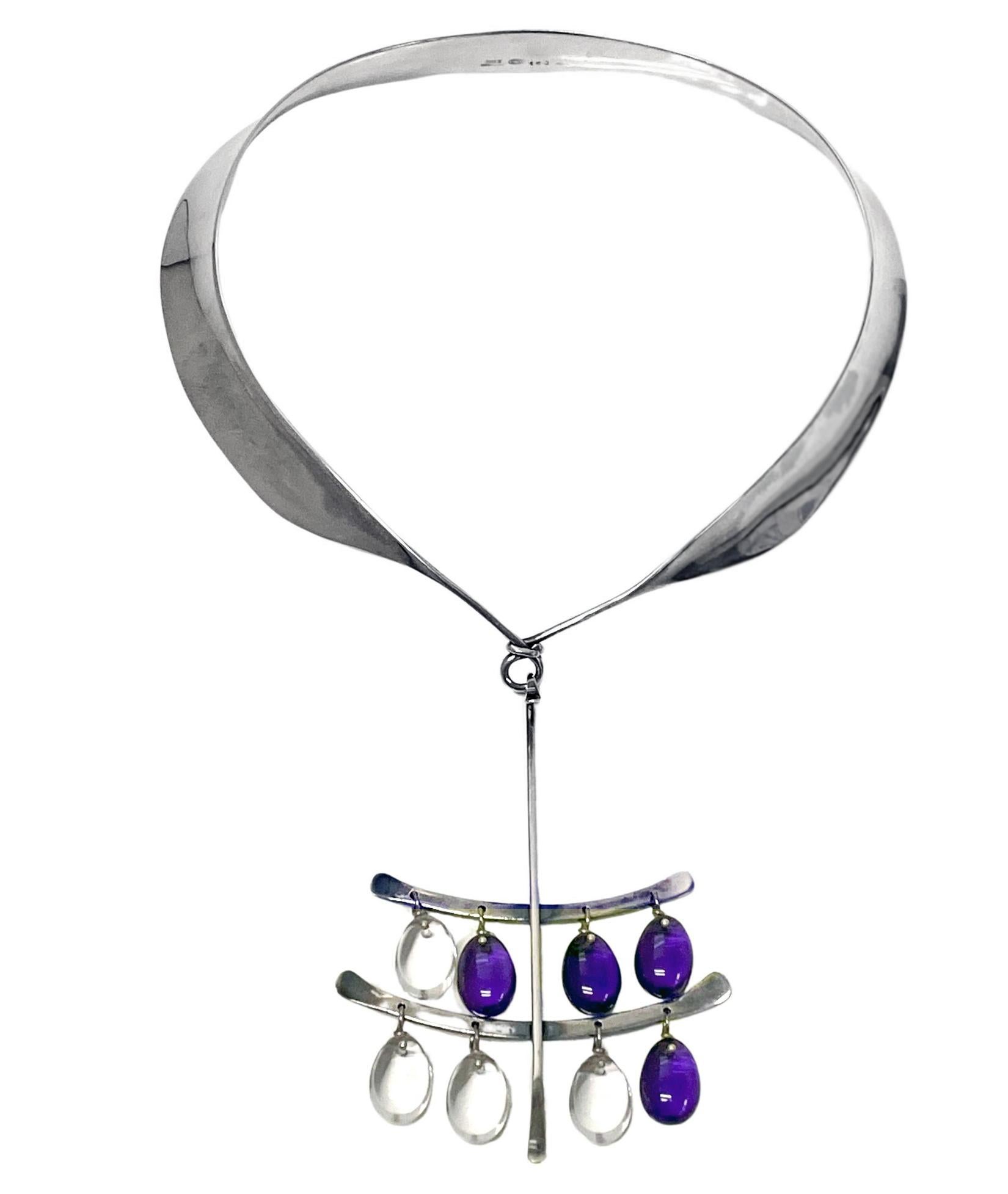Rare Sterling Silver Necklace and double tear drop design no 135 with Amethyst and Quartz Drops Designed by Vivianna Torun Bulow-Hube for Georg Jensen C.1960, together with Necklet collar No 160. Pendant drop: 4 inches. Pendant width: 2.75 inches.