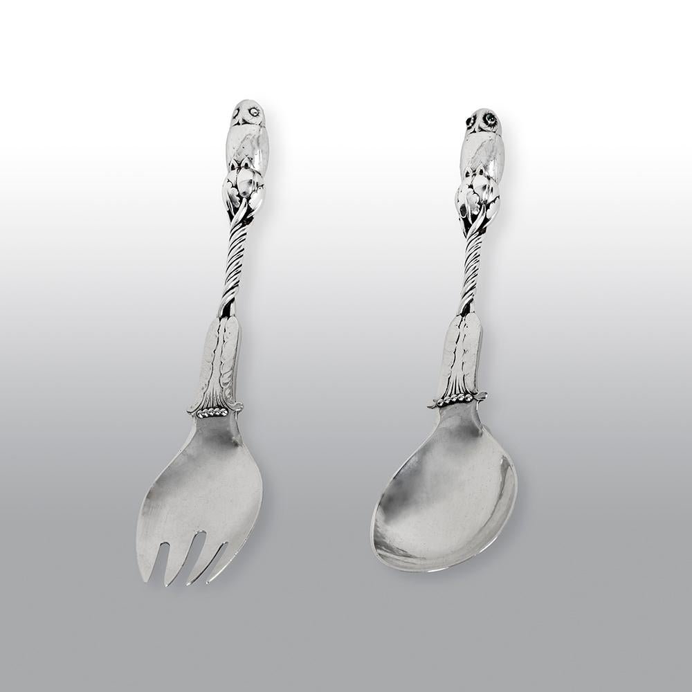 Georg Jensen Owl Serving Spoon and Fork No.39 For Sale 4
