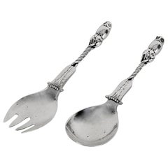 Retro Georg Jensen Owl Serving Spoon and Fork No.39