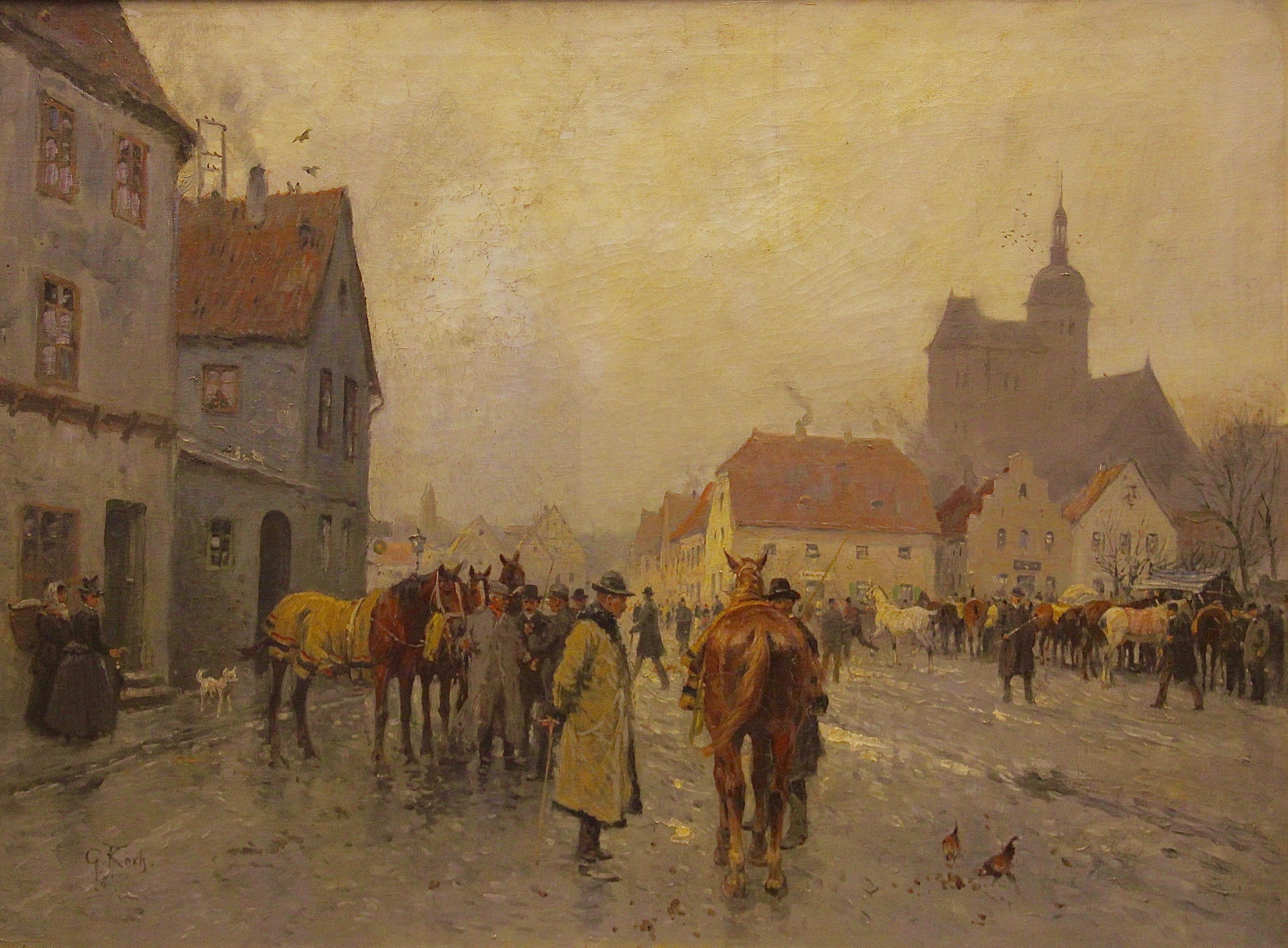 Georg Koch 1857-1936, "At the horse market" Oil on canvas circa 1900