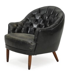 Georg Kofoed Attributed Danish 1940s Lounge Chair in Tufted Dark Gray Leather