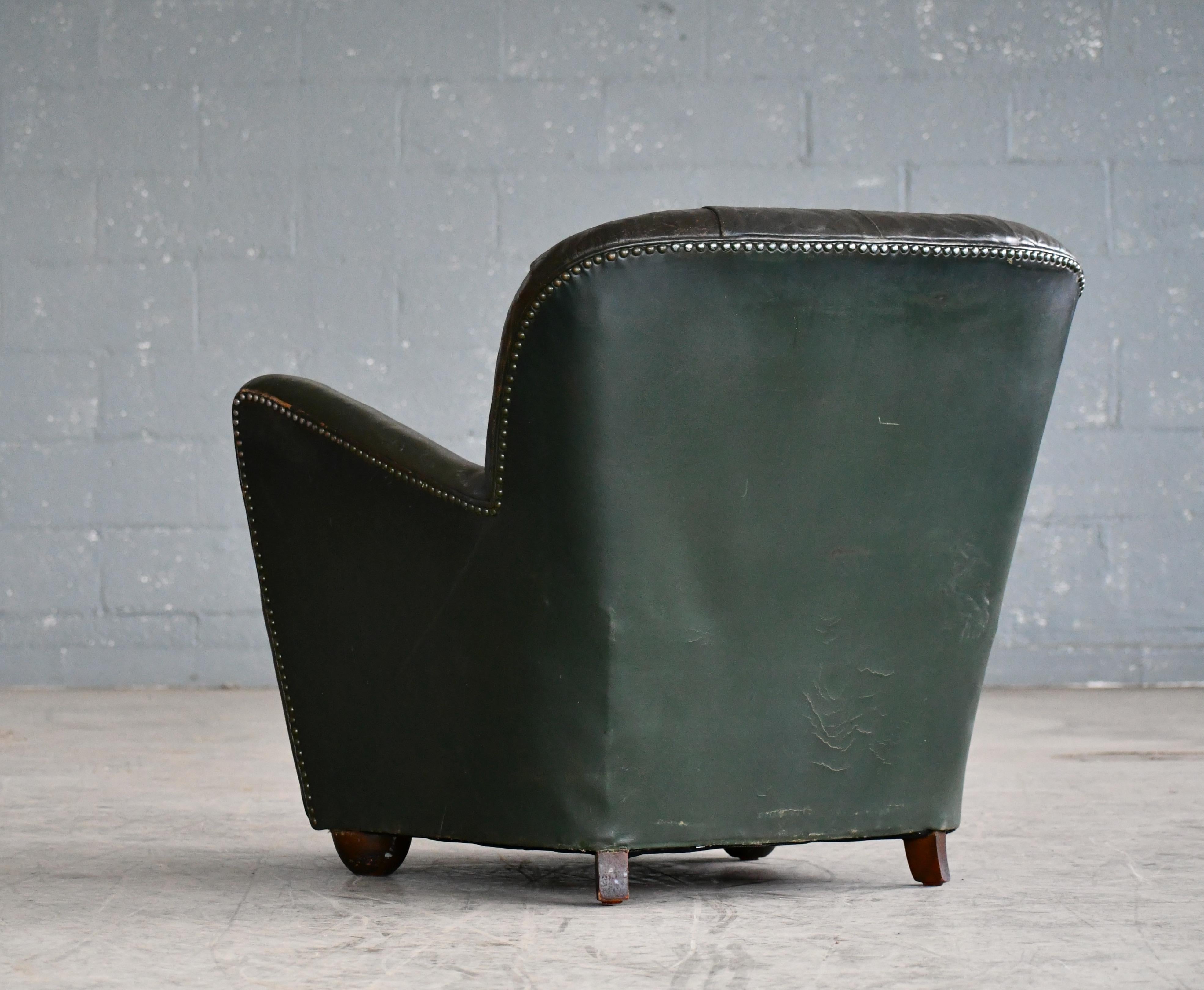 Georg Kofoed Attributed Danish 1940s Lounge Chair in Tufted Dark Green Leather 1