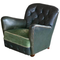 Vintage Georg Kofoed Attributed Danish 1940s Lounge Chair in Tufted Dark Green Leather