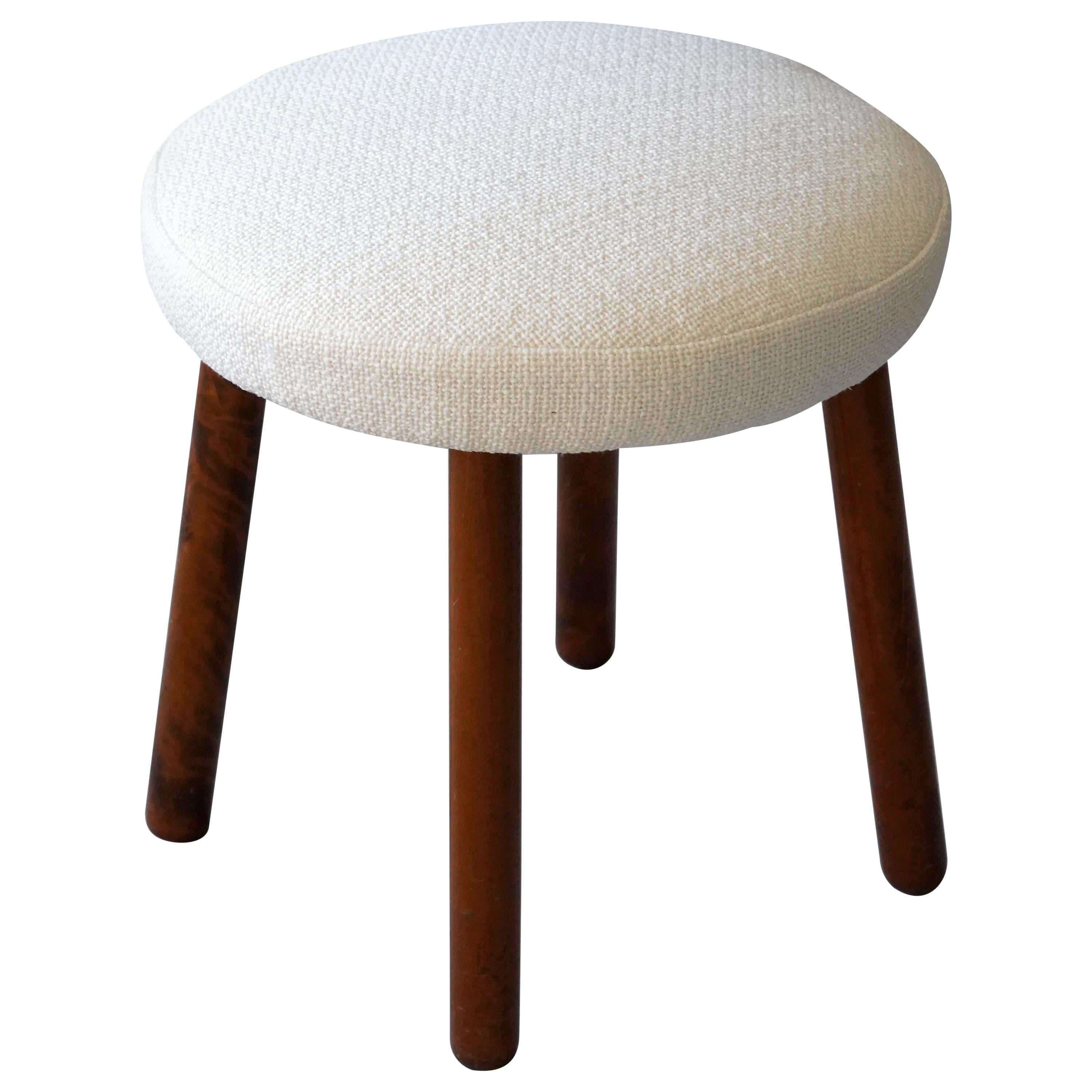 Georg Kofoed, Modernist Stool, Stained Wood, White Fabric, Denmark, 1940s