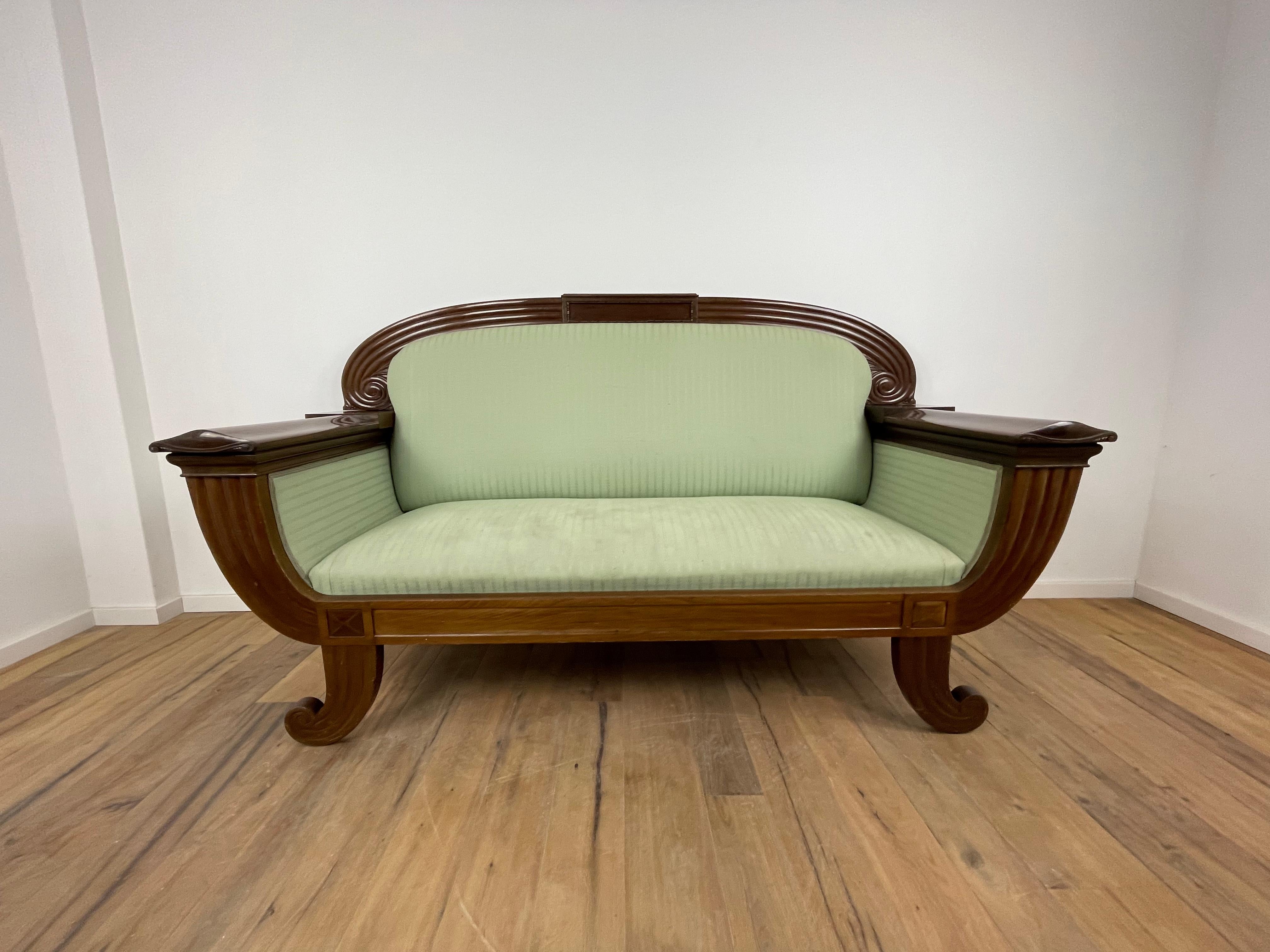 Art Deco Sofa in Walnut, with Original Green Fabric and finish by Georg Kofoed For Sale 1