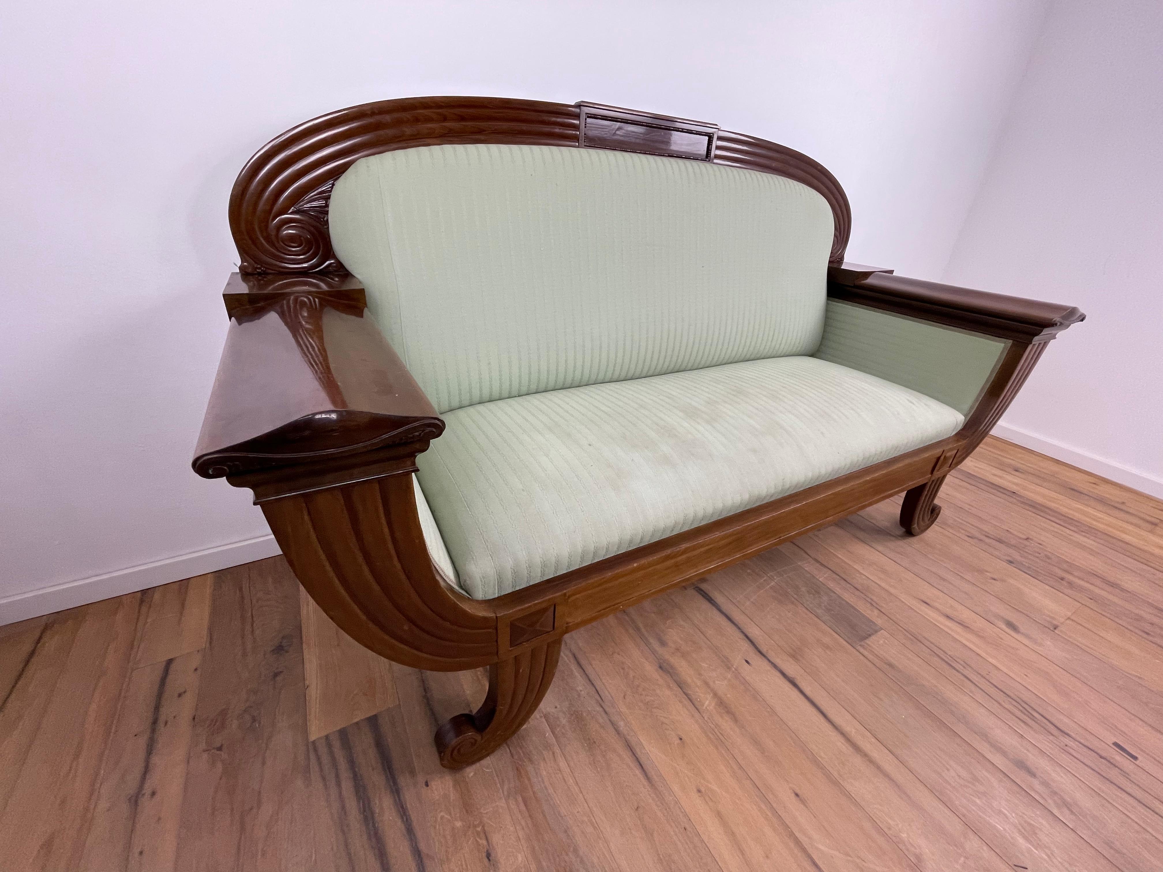 Art Deco Sofa in Walnut, with Original Green Fabric and finish by Georg Kofoed For Sale 2