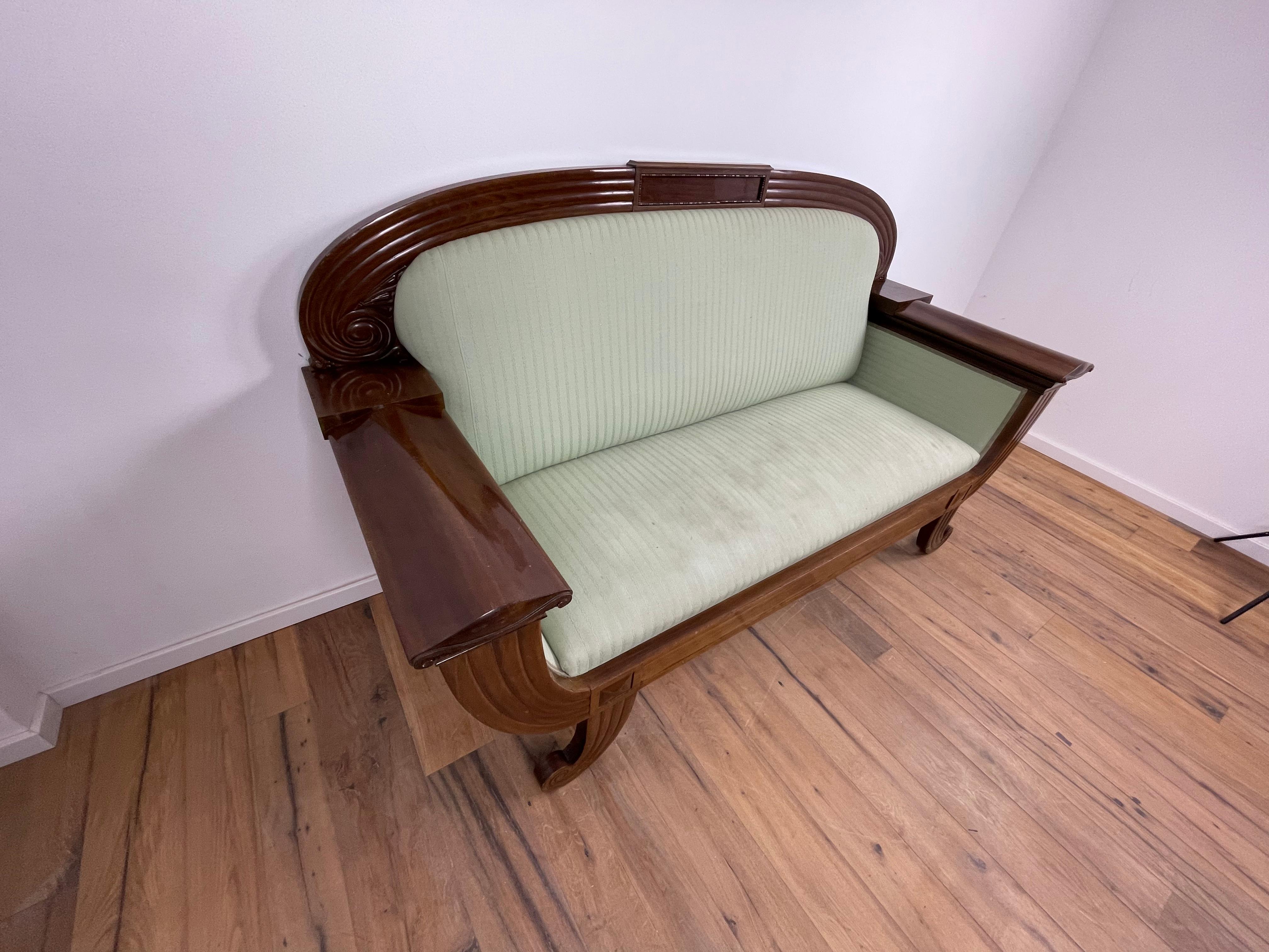 Carved Art Deco Sofa in Walnut, with Original Green Fabric and finish by Georg Kofoed For Sale