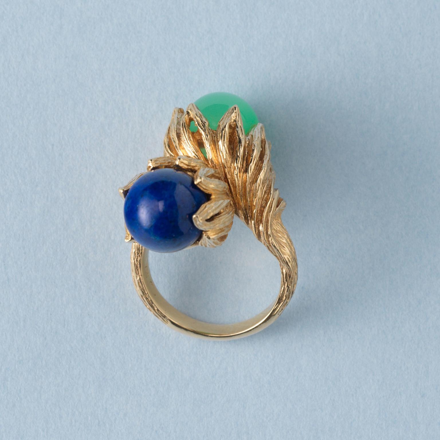 Ball Cut Georg Lauer 18 Carat Gold, Lapis and Calcedony 'Toi et Moi' Ring