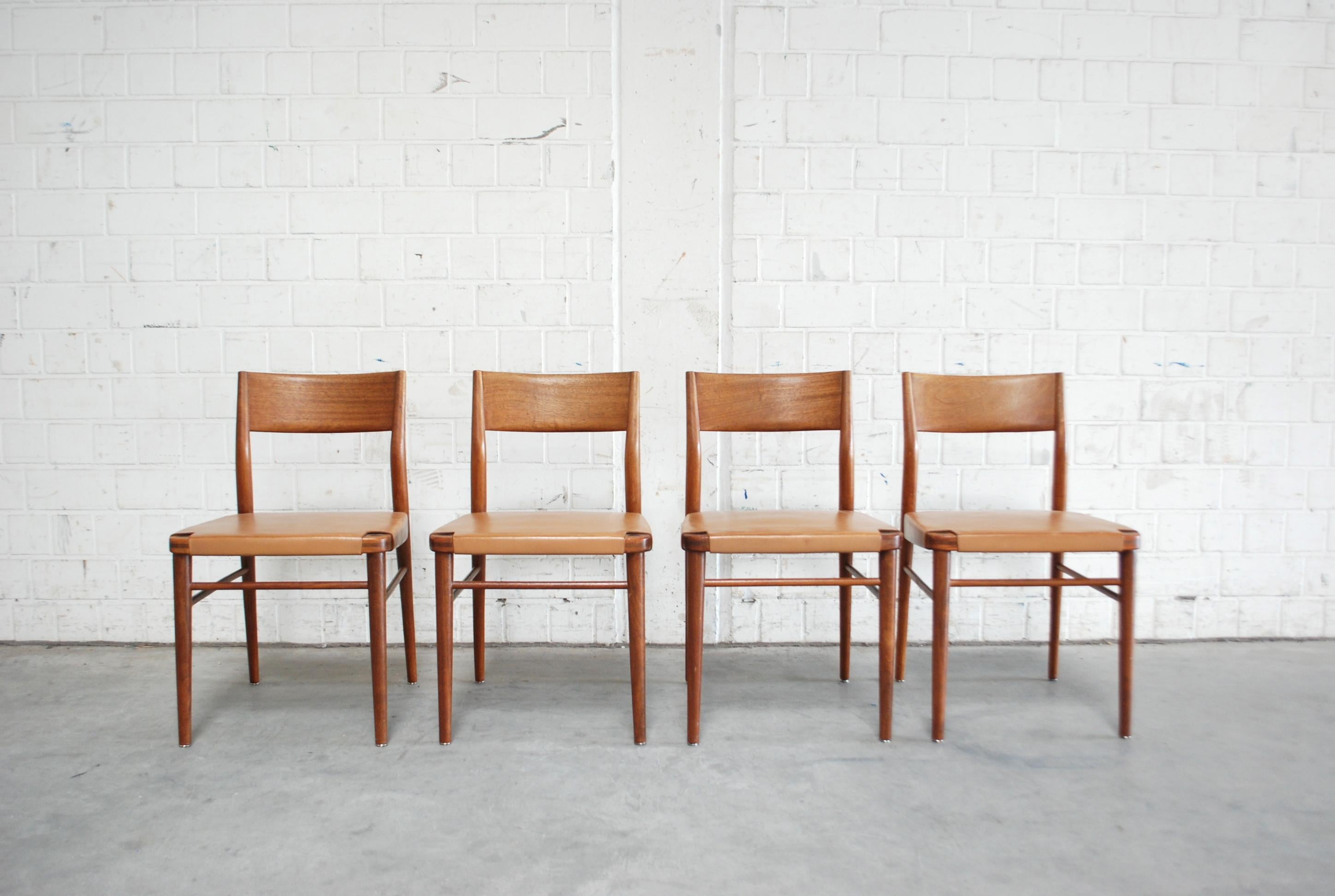 Scandinavian Modern Georg Leowald Saddle Leather Dining Chairs for Wilkhahn, Set of 4