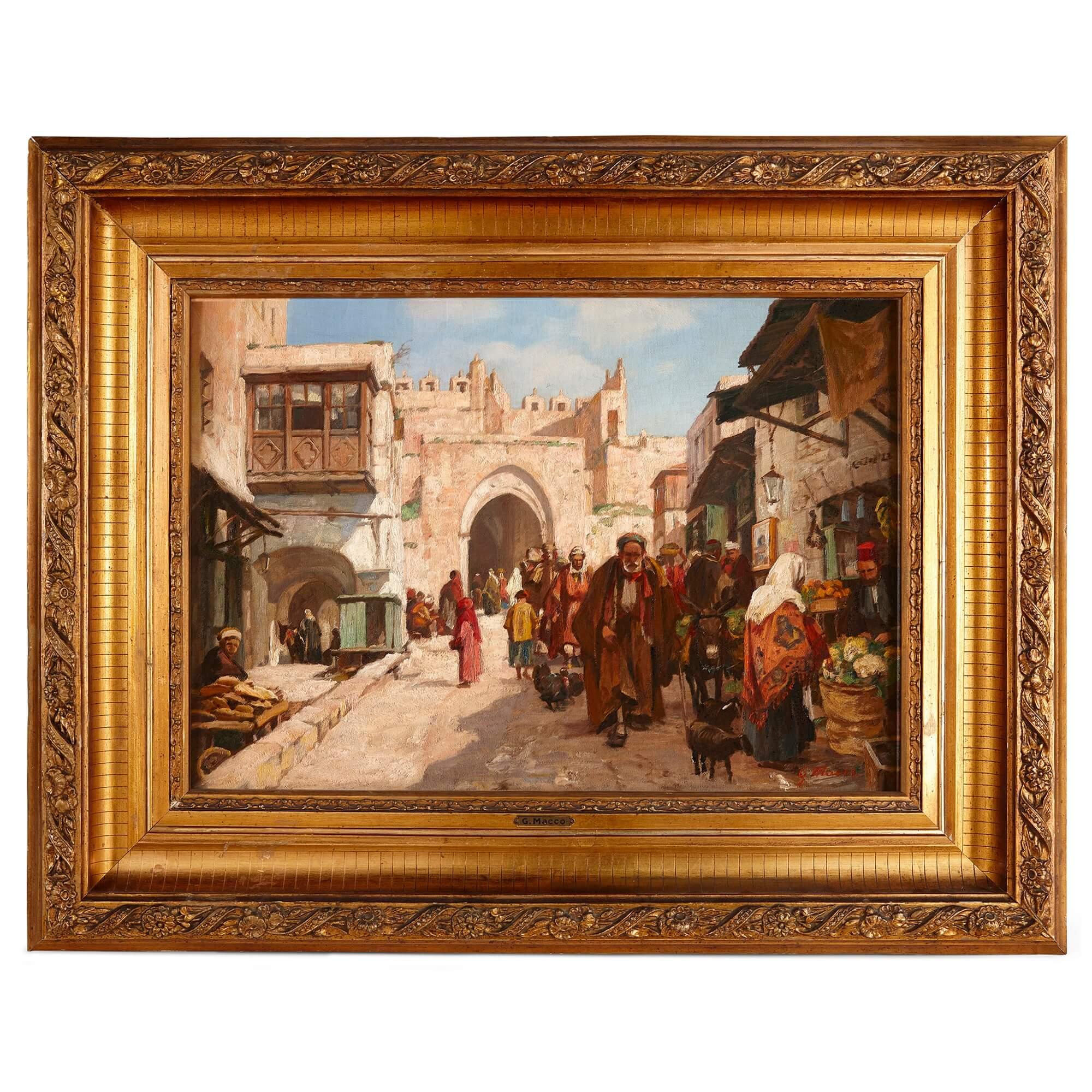  Georg Macco Landscape Painting - Orientalist Oil Painting of Damascus Gate in Jerusalem by Macco