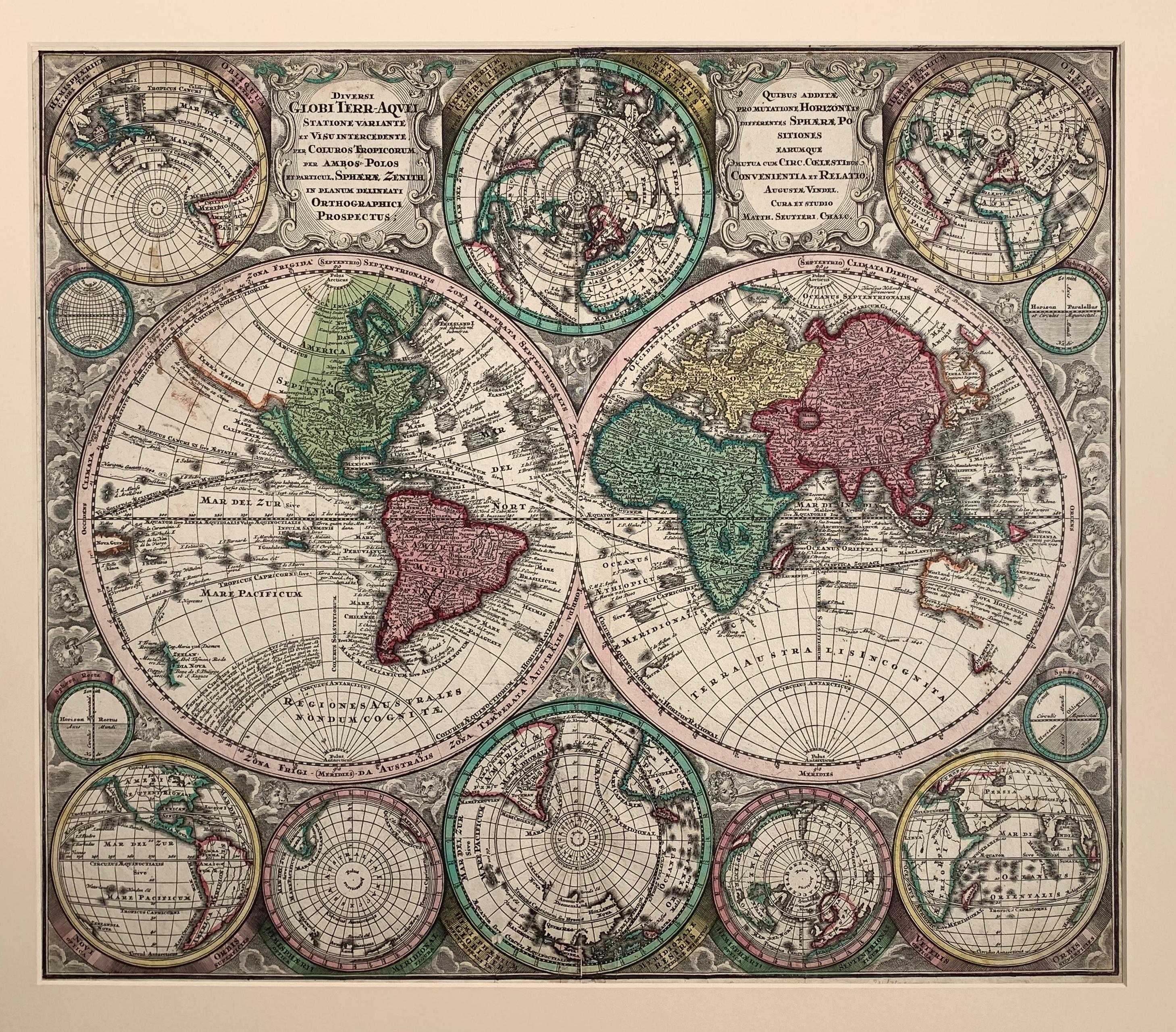 Georg Matthaus Seutter Print - World Map entitled "Diversi Globi Terr-Aquei Statione Variante" by Seutter