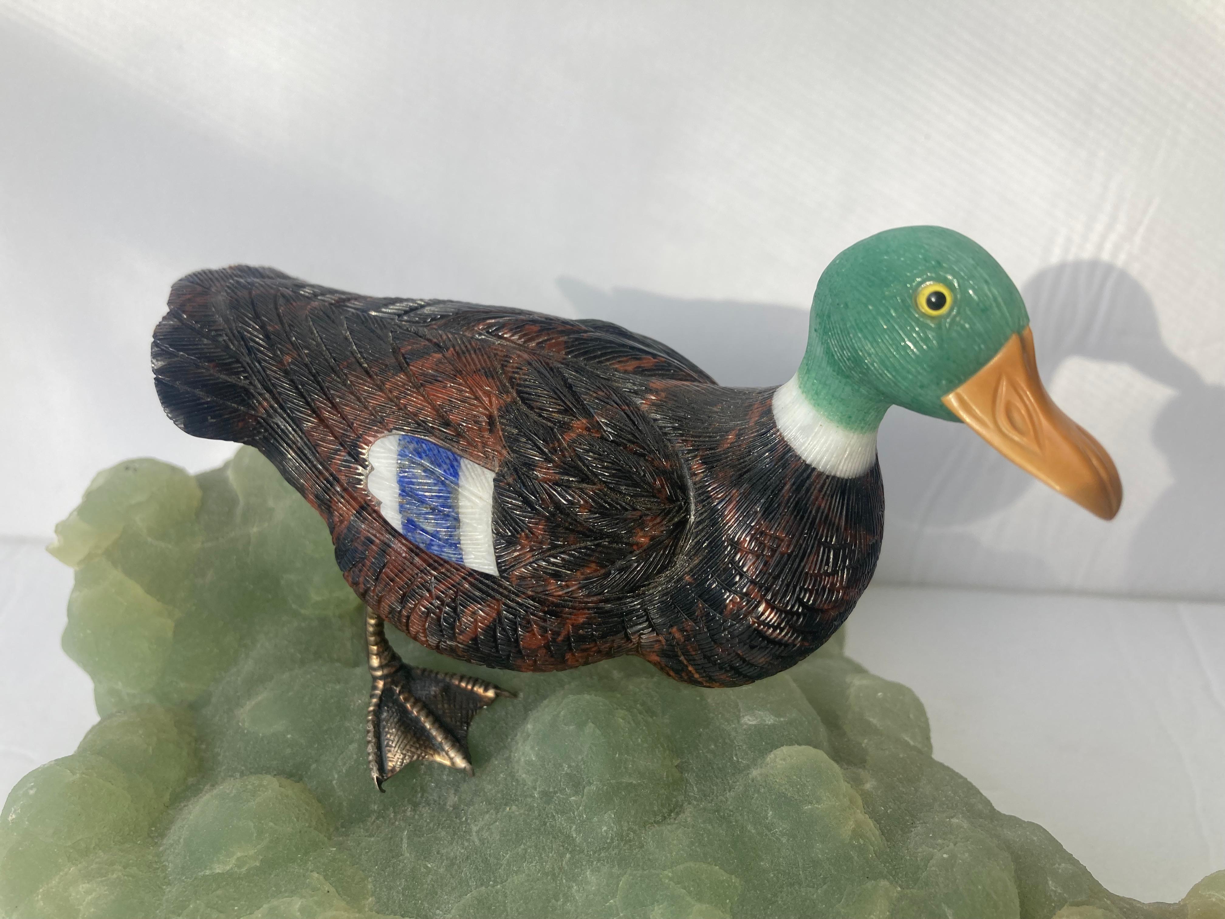 Hand-Crafted Georg O Wild Duck Carving, Multi Gemstone and 18 Karat Gold Feet, Idar-Oberstein For Sale