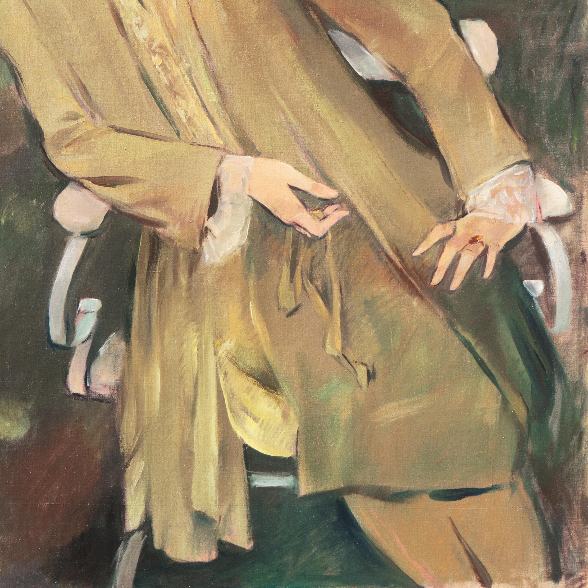 Signed lower left, 'Georg W. Rössner' for Georg Walter Rössner (German, 1885-1972), titled 'Bildnis Lieselotte Friedländer' and painted circa 1926; original artist card verso.

A substantial, Modernist portrait of the fashion designer, Lieselotte