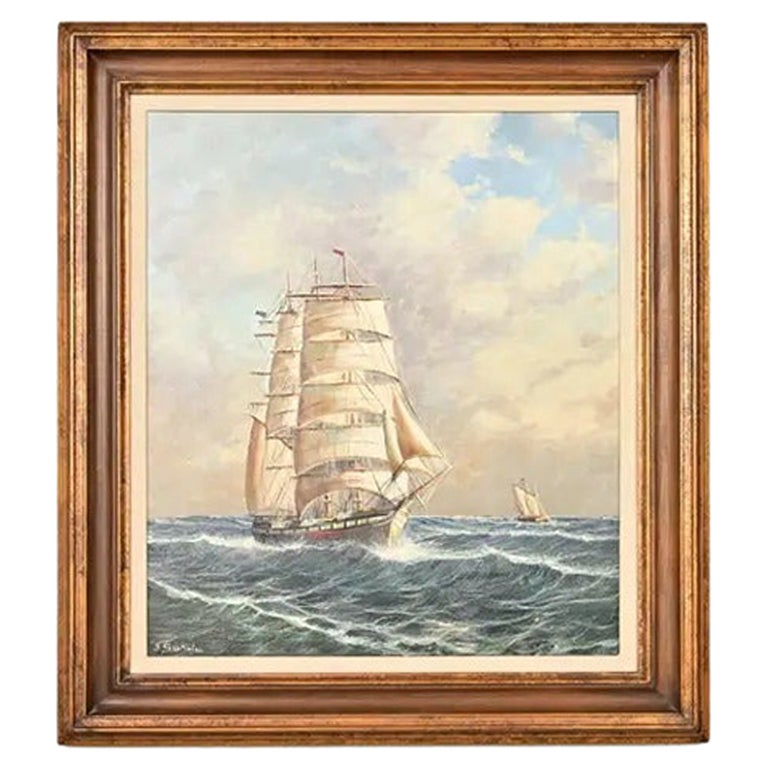 Georg Seekatz Oil Painting on Canvas of Clipper Ship in Carved Giltwood Frame