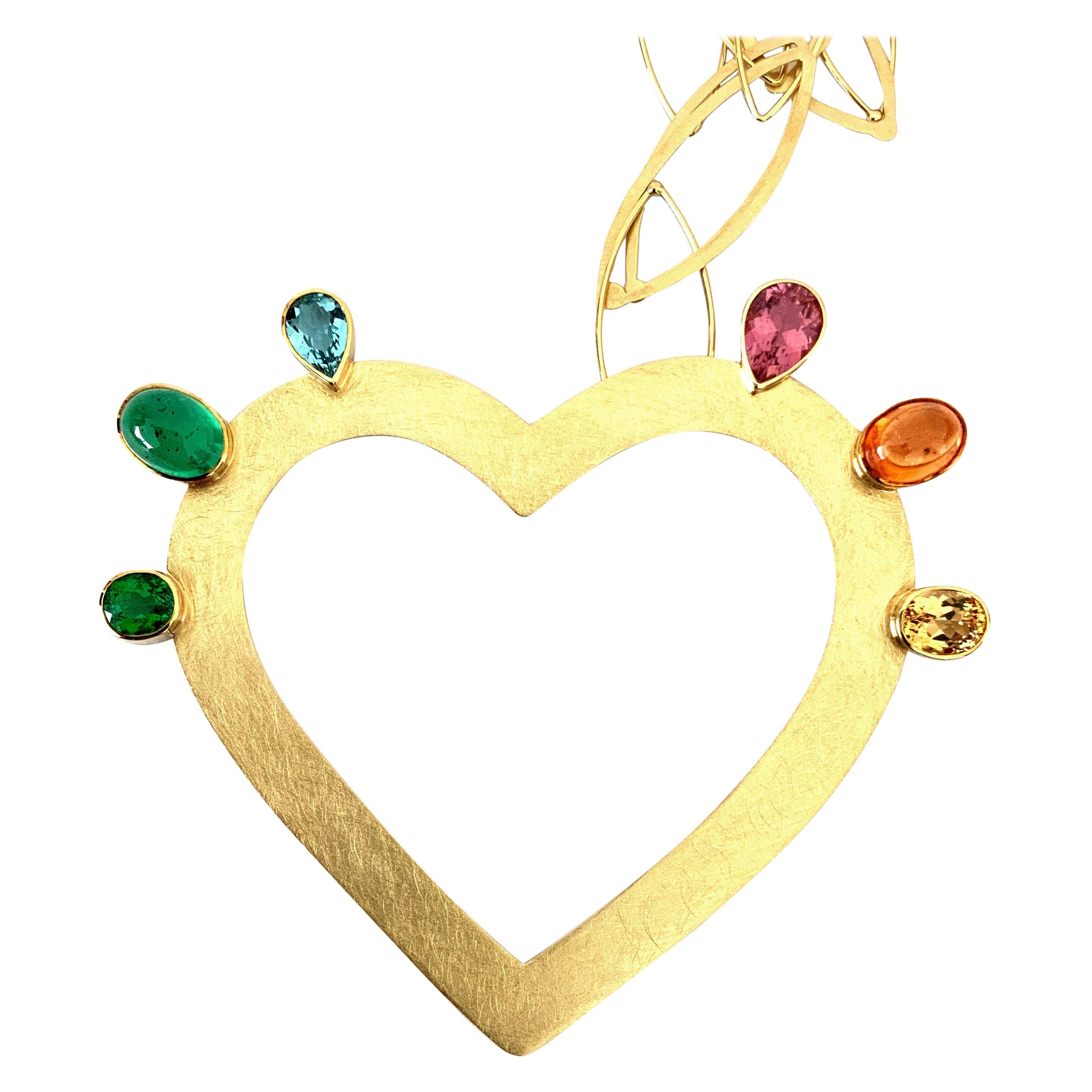 Georg Spreng, Flaming Heart necklace 18 Karat Gold Tourmaline Aquamarine Emerald For Sale