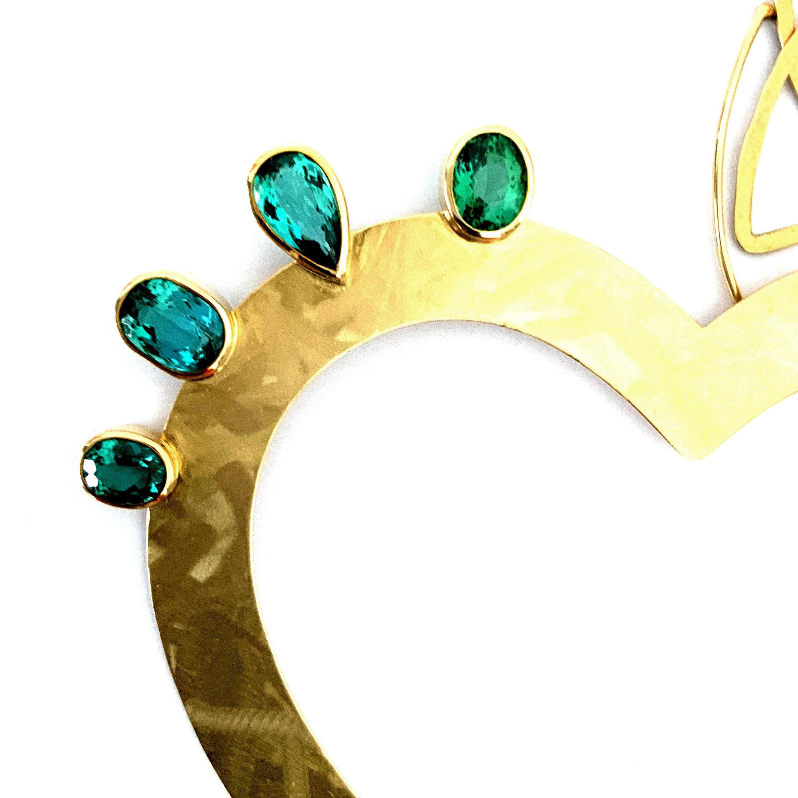 Trillion Cut Georg Spreng, Flaming Hearts necklace 18 Karat Yellow Gold Tourmalines Turquoise For Sale
