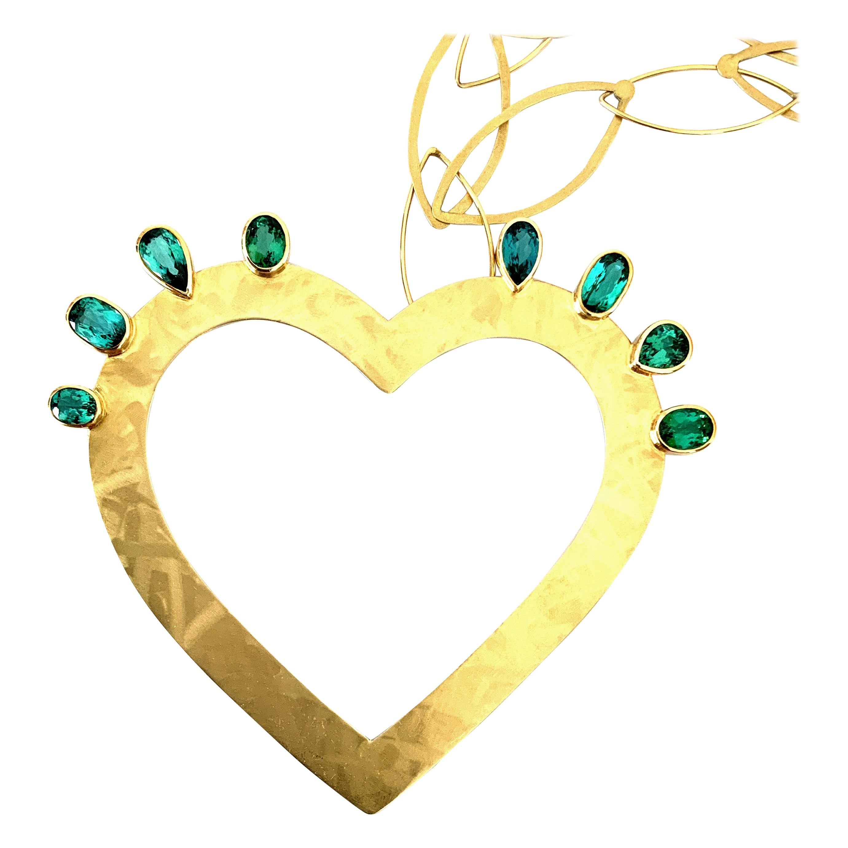 Georg Spreng, Flaming Hearts necklace 18 Karat Yellow Gold Tourmalines Turquoise For Sale