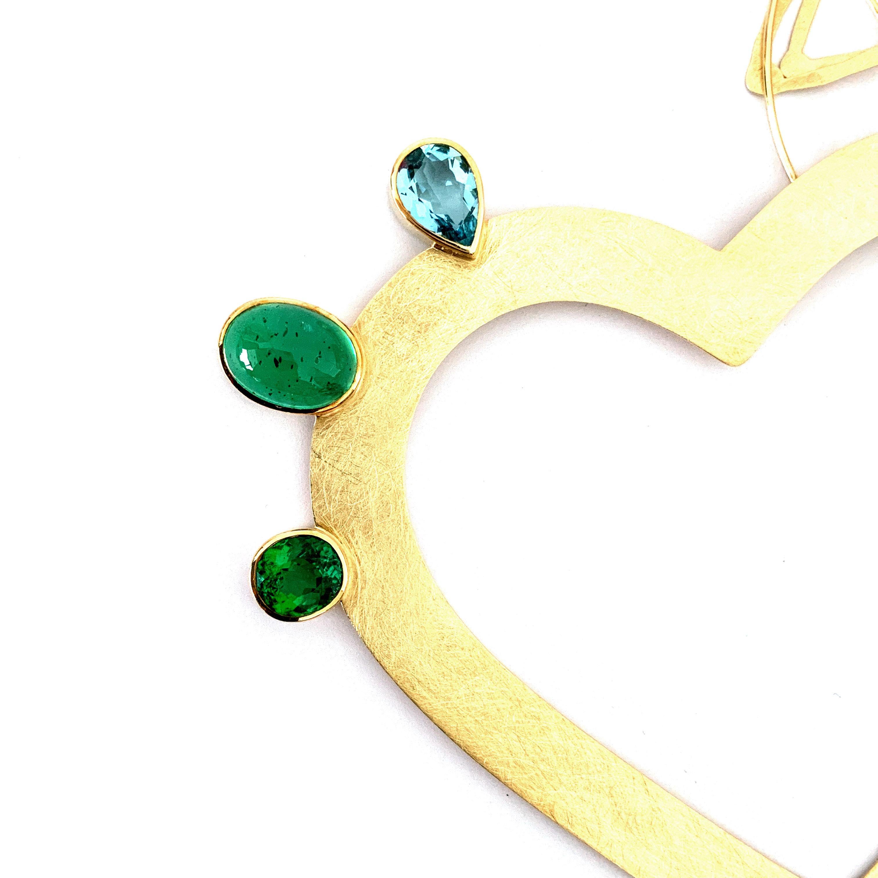 Contemporary Georg Spreng, Flaming Heart necklace 18 Karat Gold Tourmaline Aquamarine Emerald For Sale