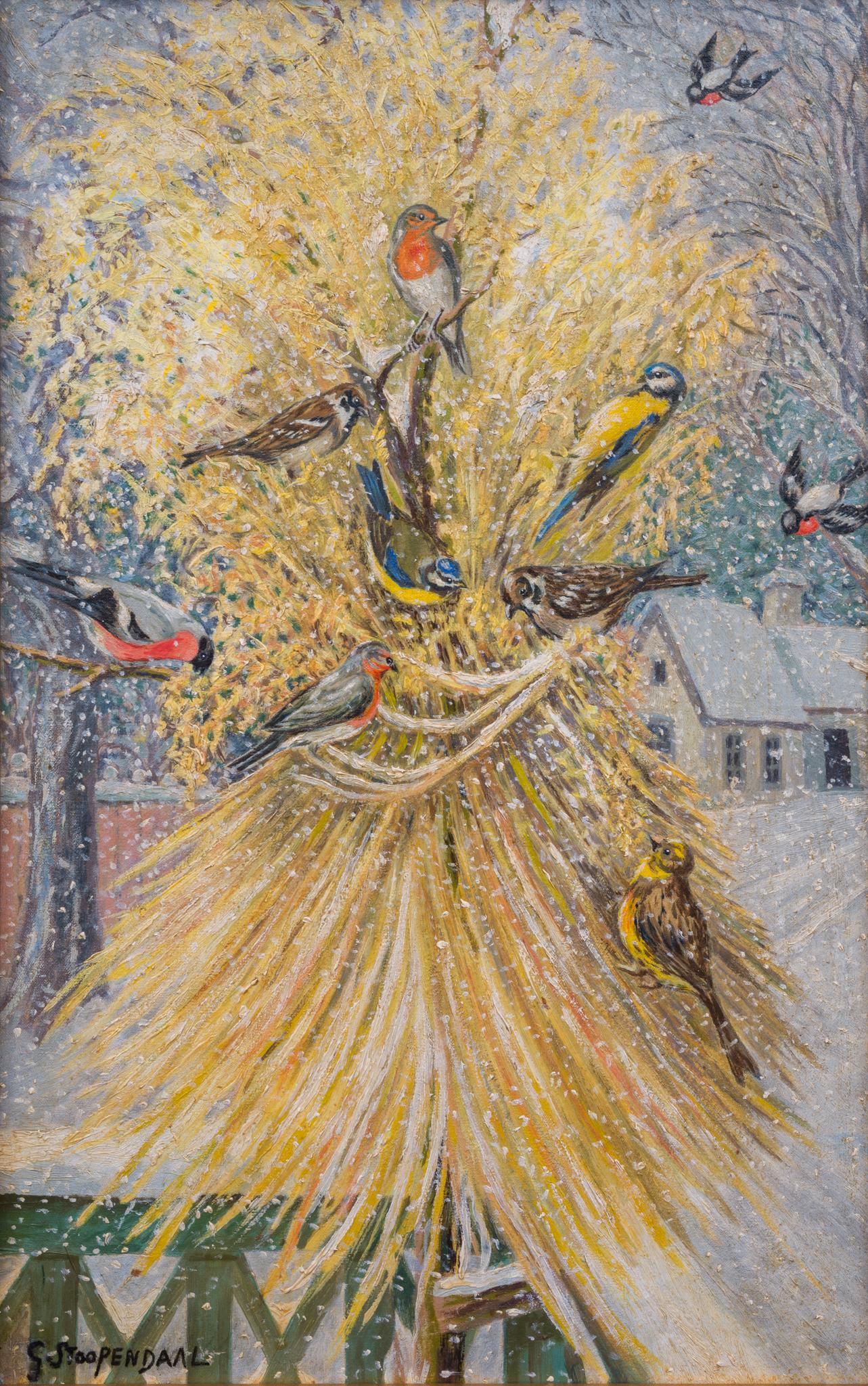 Christmas Sheaf With Birds by Georg Stoopendaal - Naturalistic Painting by Georg Stoopendaal 