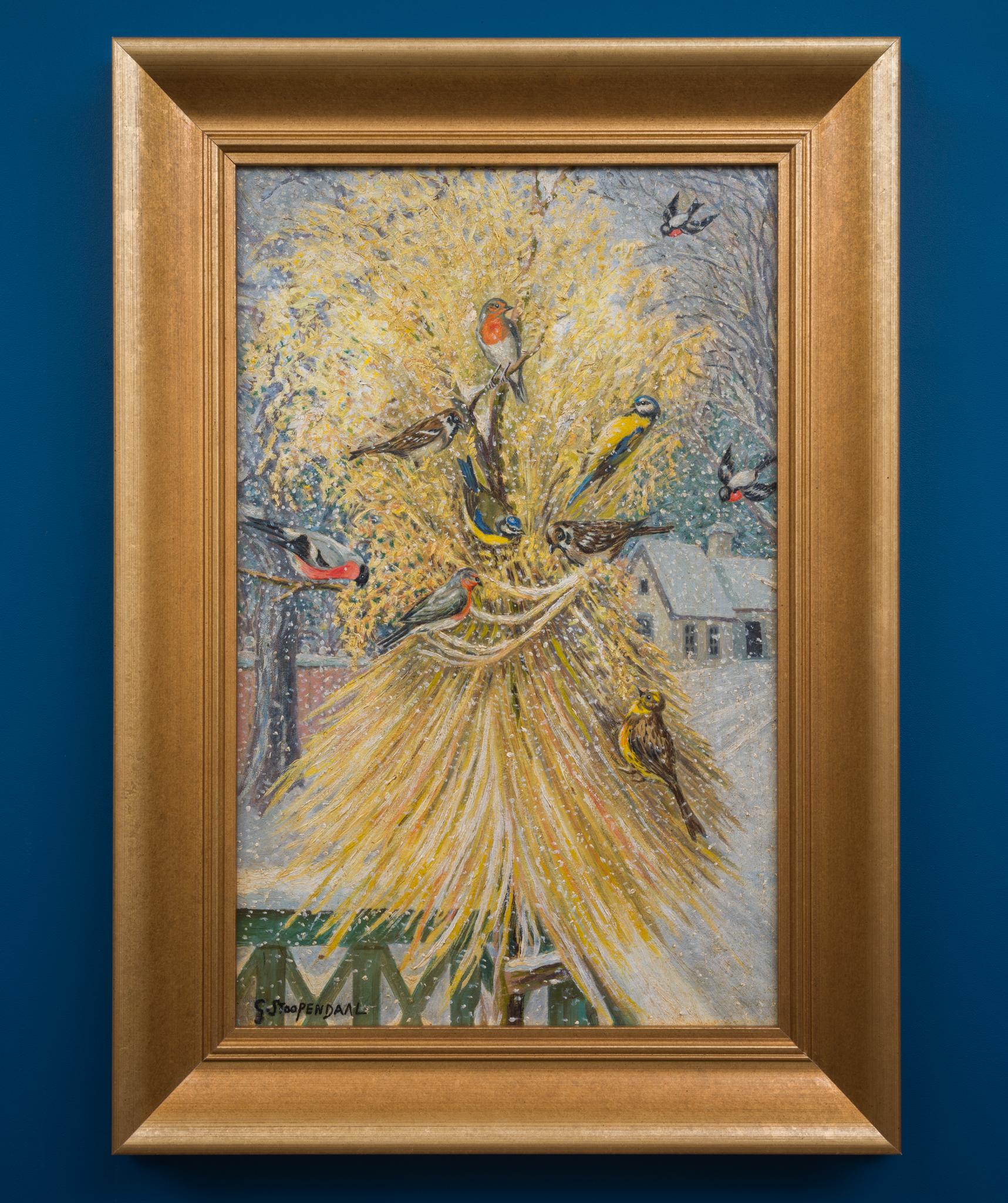 Christmas Sheaf With Birds by Georg Stoopendaal - Brown Animal Painting by Georg Stoopendaal 